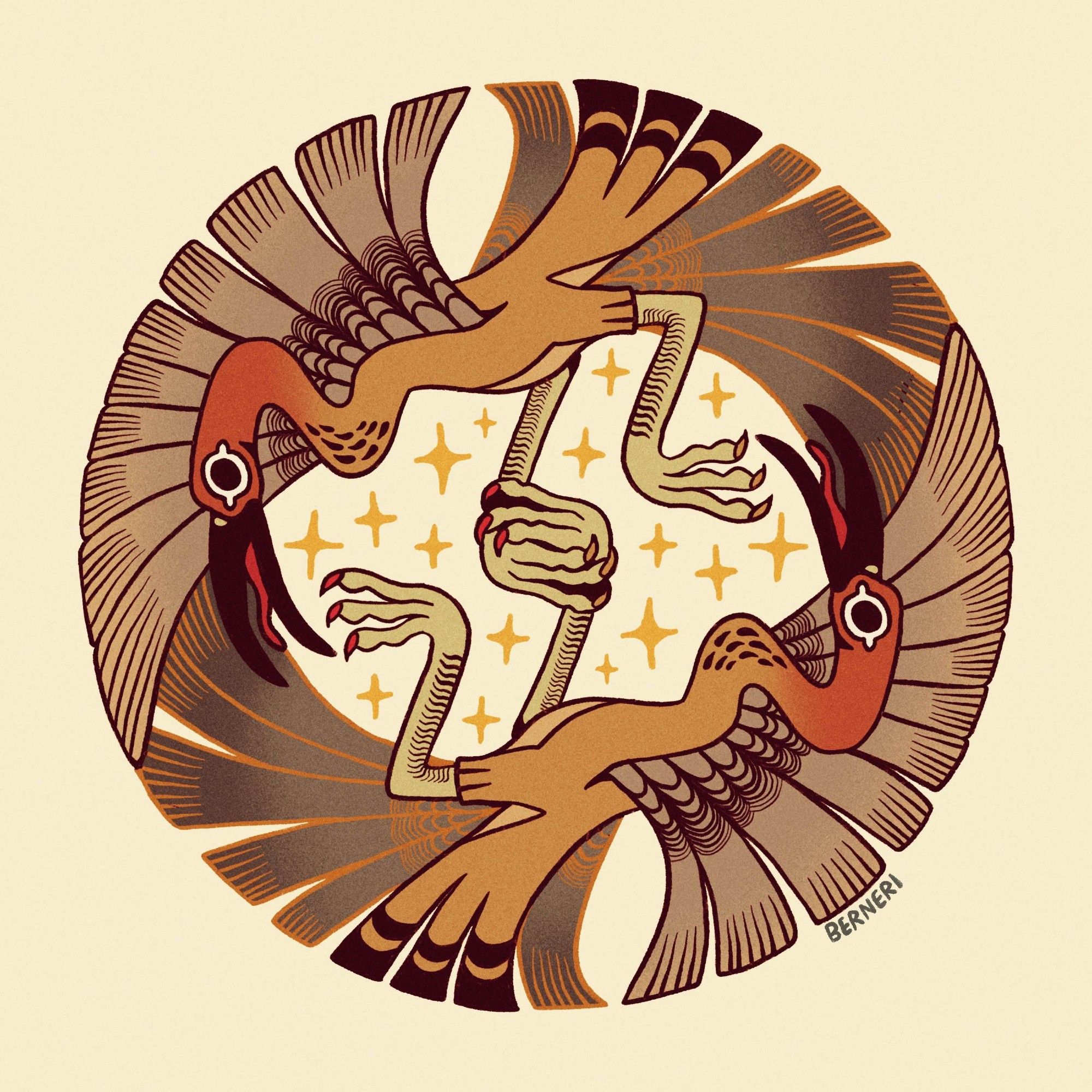 Stylized drawing of two symmetrical long-necked birds that have their wings spread in a form of a circle. They are holding each other's talons and their mouths are open.