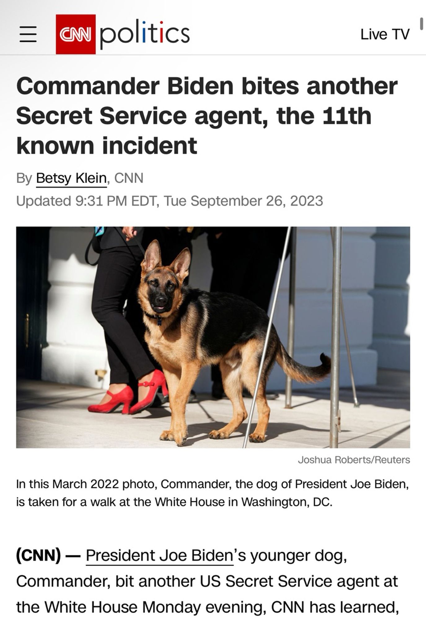 Commander Biden bites another Secret Service agent, the 11th known incident
By Betsy Klein, CNN
Updated 9:31 PM EDT, Tue September 26, 2023