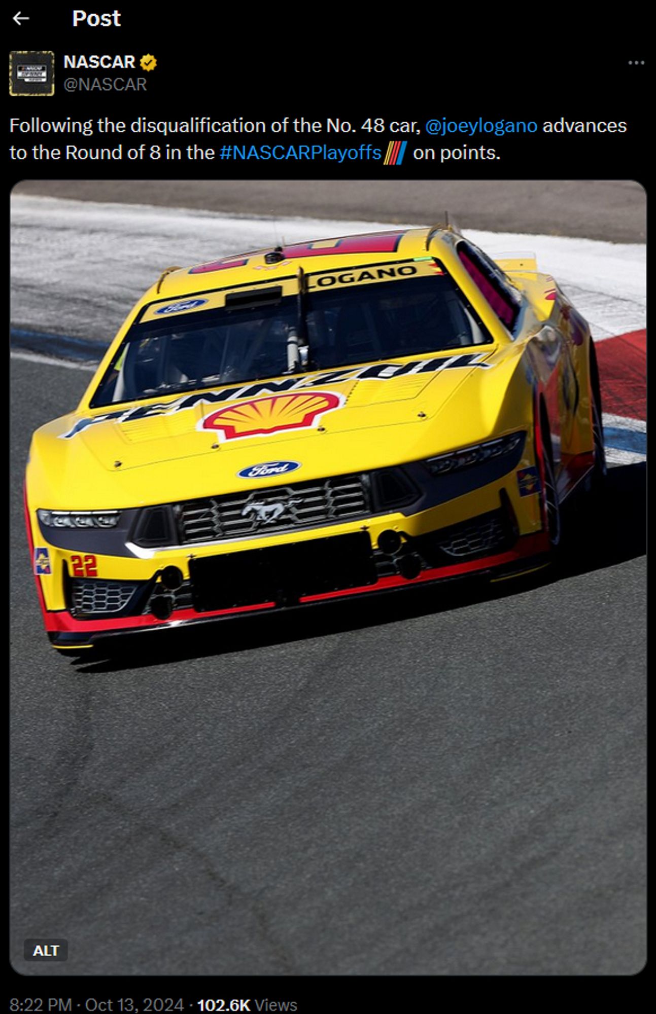 From the official NASCAR Twitter account: "Following the disqualification of the No. 48 car, @joeylogano
 advances to the Round of 8 in the #NASCARPlayoffs on points."