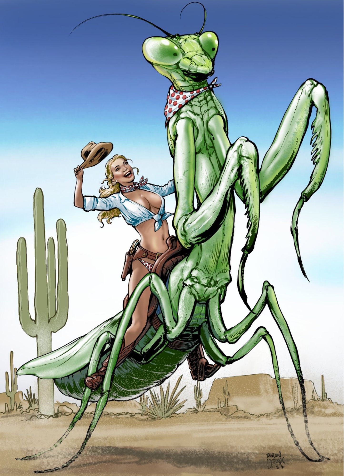 A cow-girl riding a gigantic preying mantis in the desert.