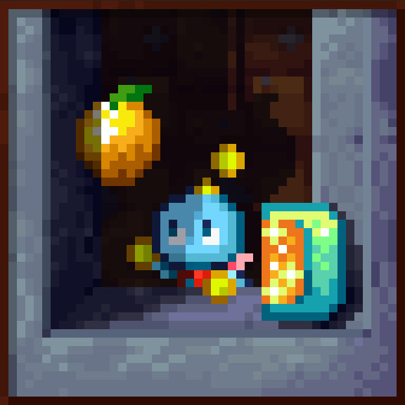 a parody of a minecraft painting, a singular chao reaches out for a golden fruit floating in a window