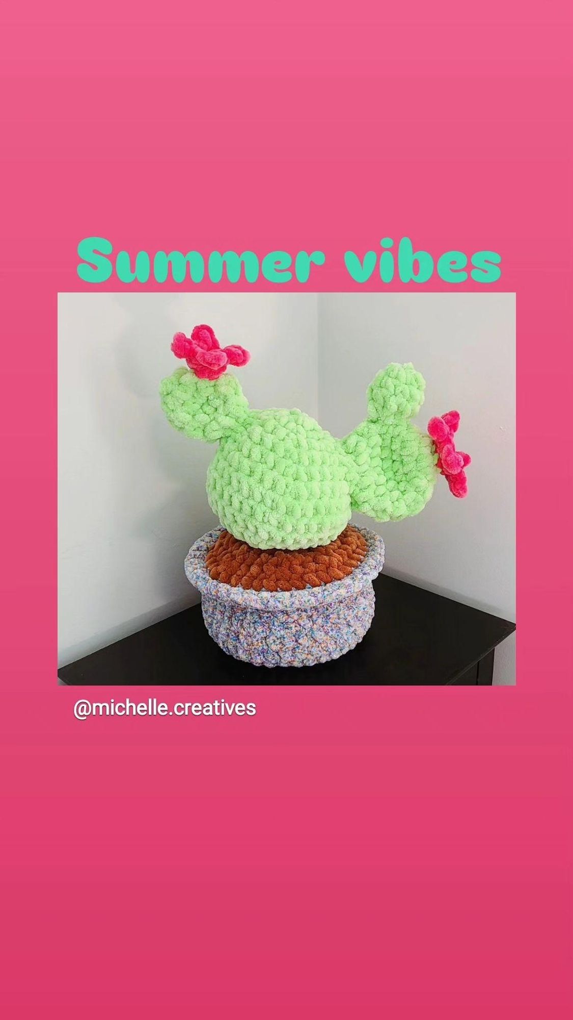 Jumbo amigurumi potted cactus, bright green with hot pink flowers