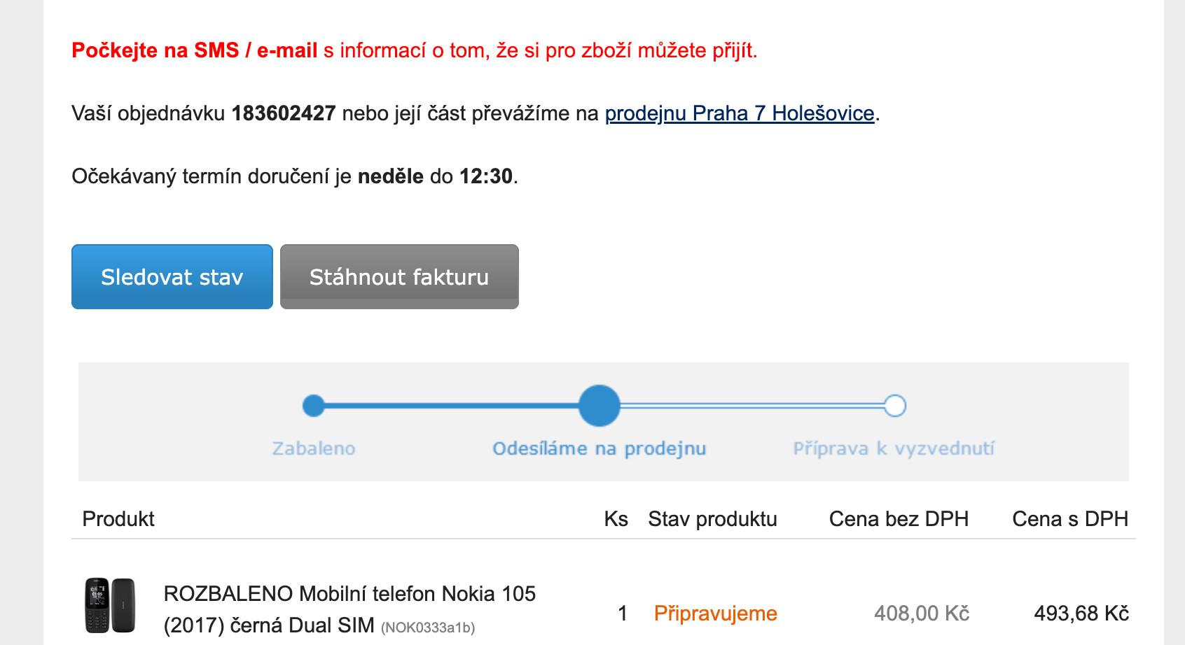 Rechnungsausschnitt über ein Nokia 105 für 490 Tschechische Kronen / 20 Euro