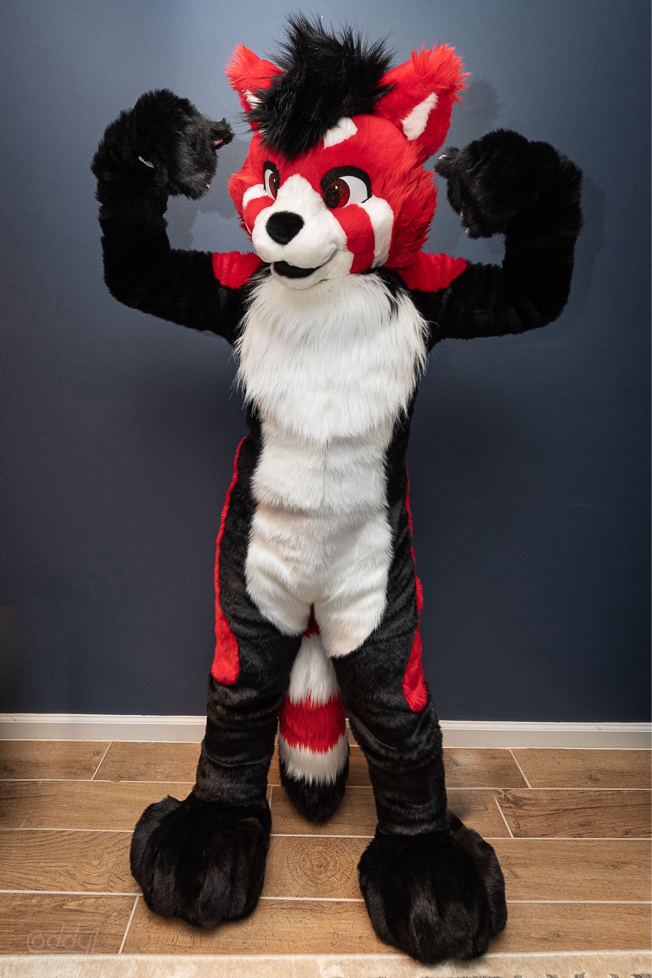 Red panda fursuiter, Mippt. Standing and flexing his arms.