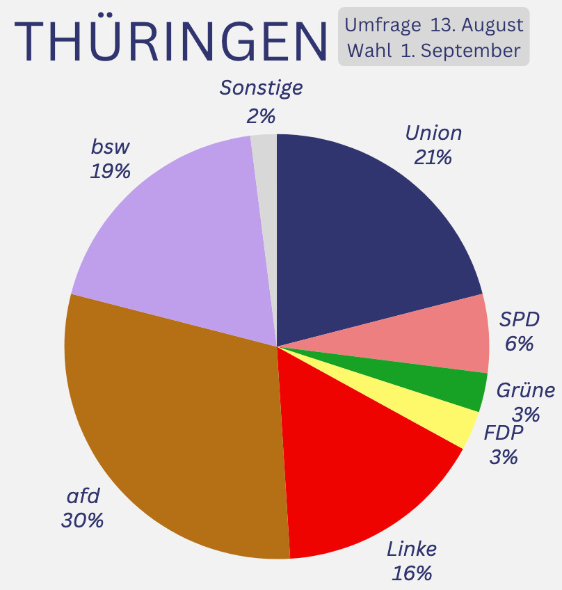 Thüringen
Wahl 1.9.24
Umfrage 13.8.24

Kreisdiagramm
CDU 21
SPD 6
Grüne 3
FDP 3
Linke 16
AfD 30
BSW 19
Sonstige 2