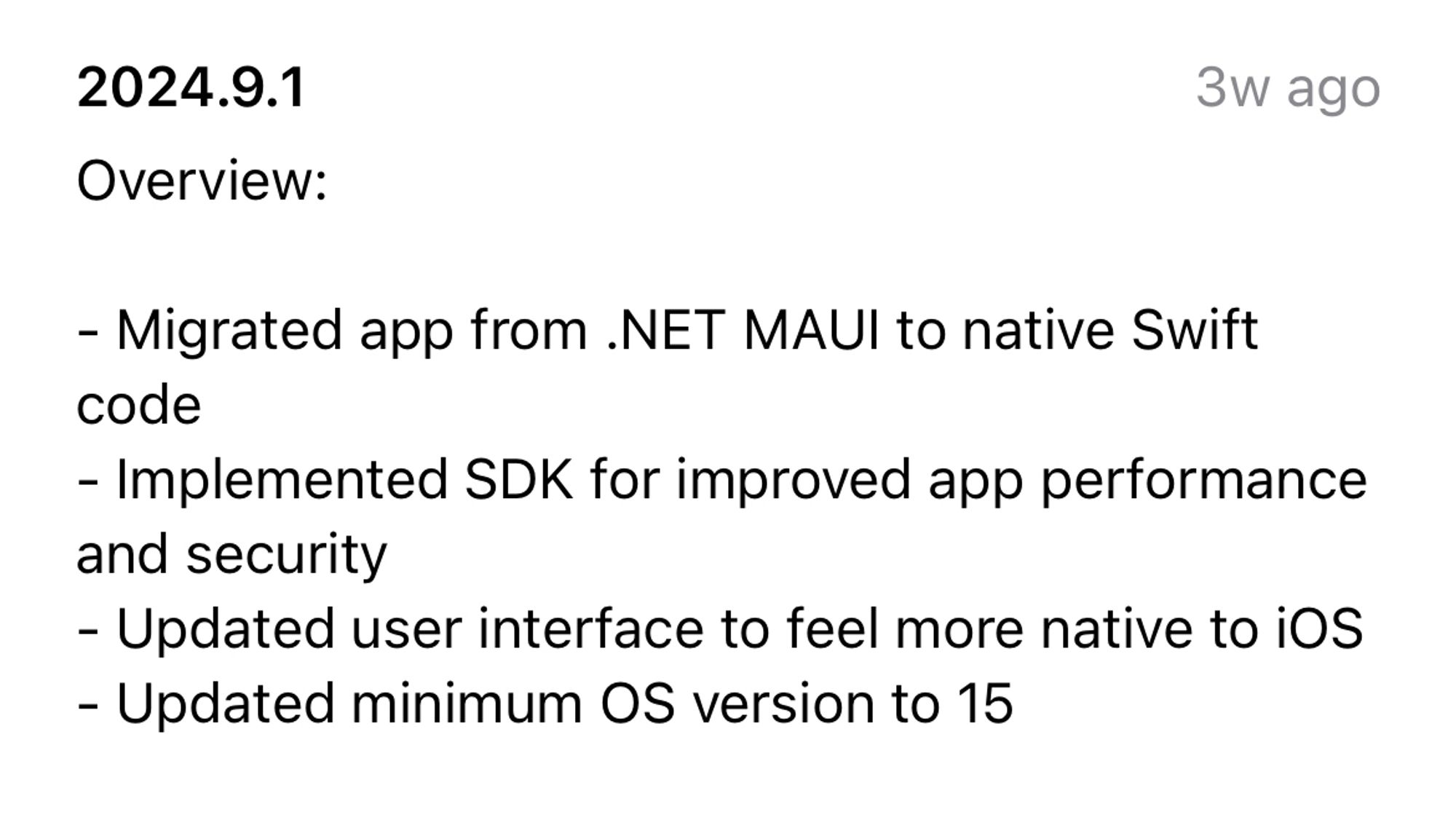 Bitwarden iOS app changelog for version 2024.9.1 with update description mentioning migration from .NET MAUI to native Swift code