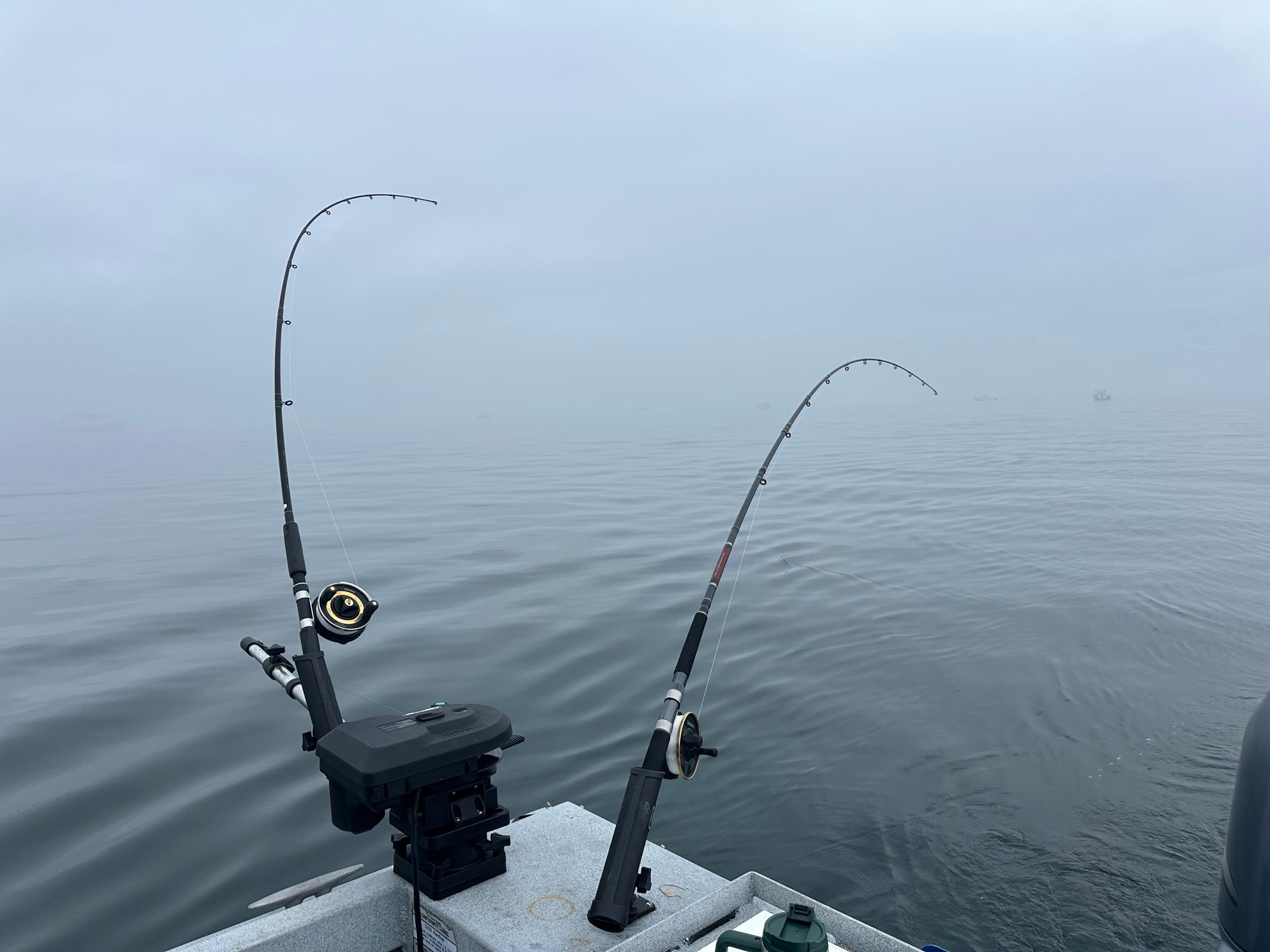 Calm seas with rods in the water, double stacking the Scotty Downrigger.