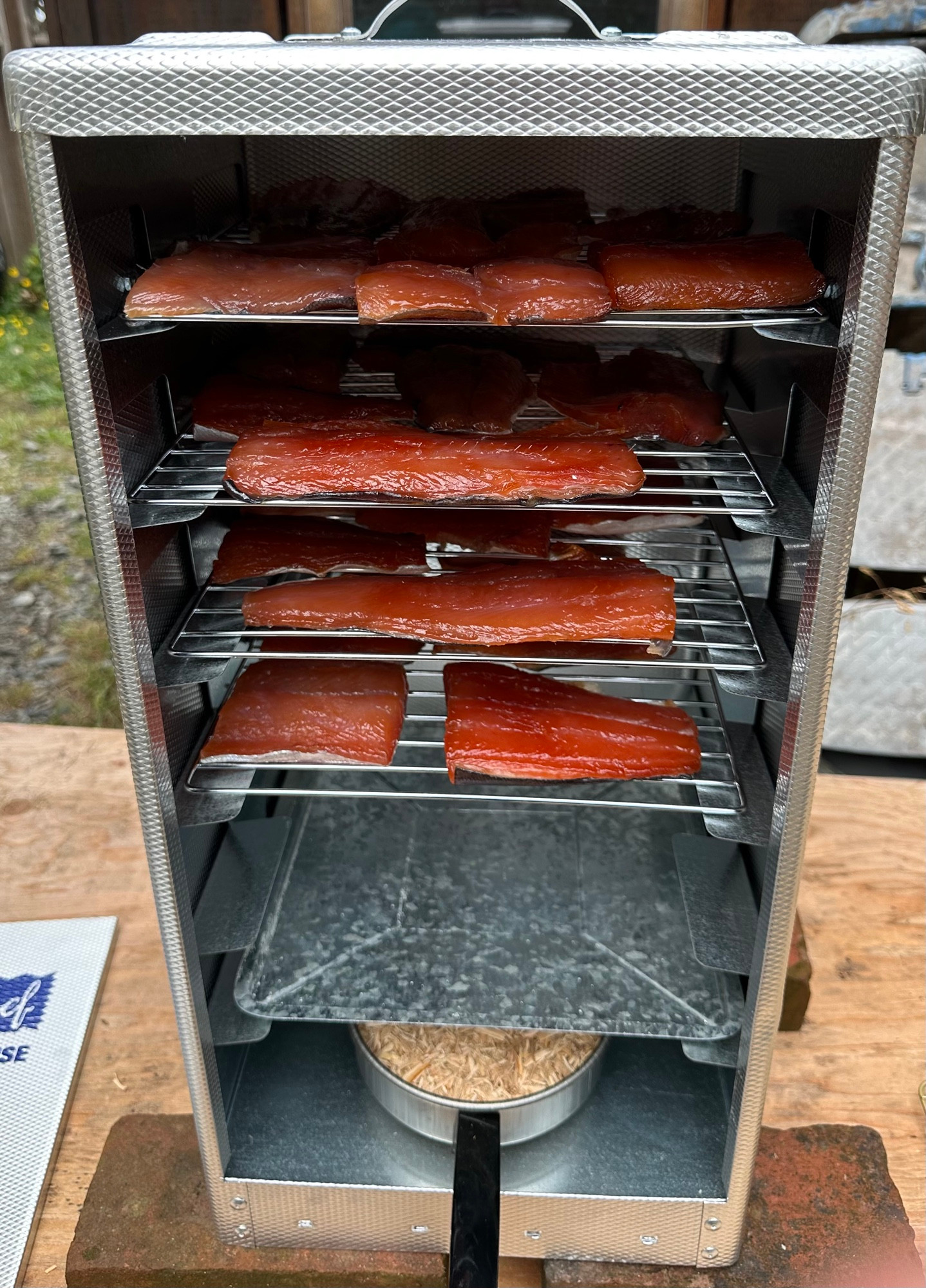 Brined & dried salmon in the smoker ready for some smoke.