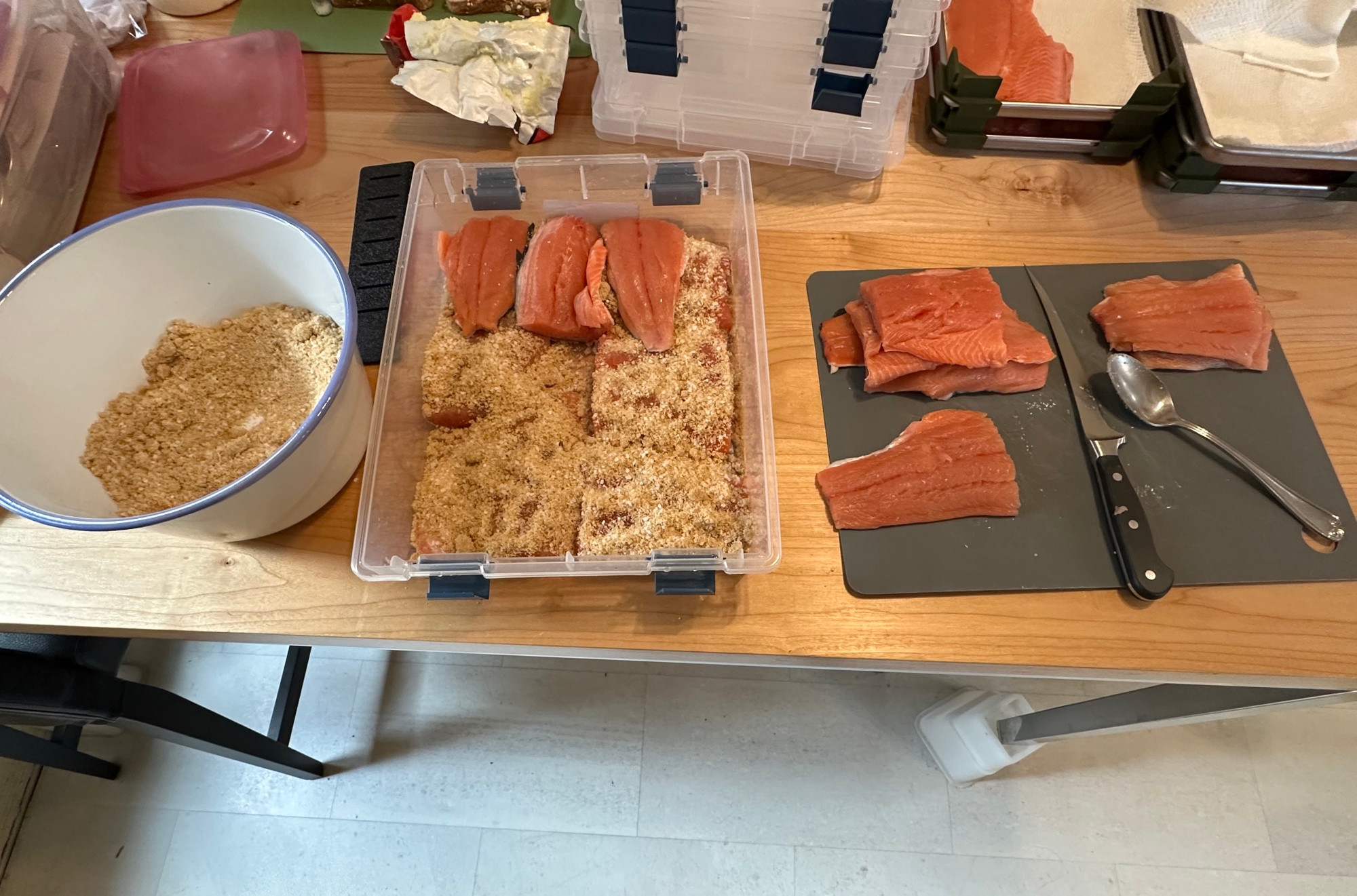 Preparing salmon for a dry brine before smoking, brine consists of 4 cups of brown sugar & 1 cup of kosher salt.