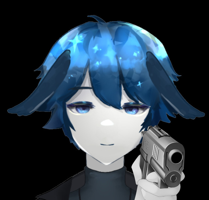 Chris Talus (a vtuber with blue hair and rabbit ears) is holding a gun, it's pointing at the camera