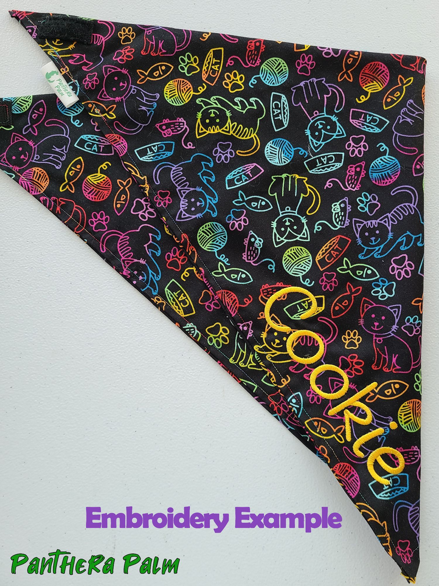 Rainbow cats bandana with the name "Cookie" embroidery