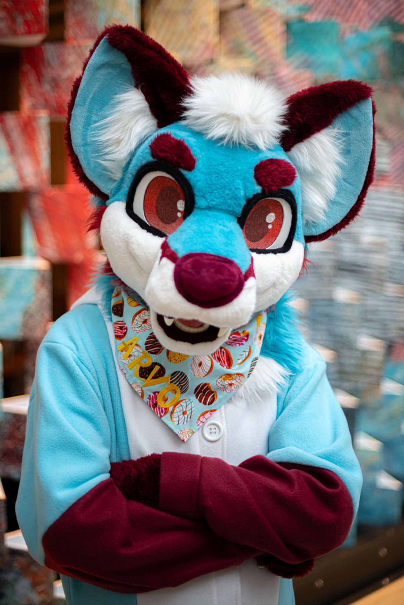 Blue fox fursuiter wearing donut print bandana