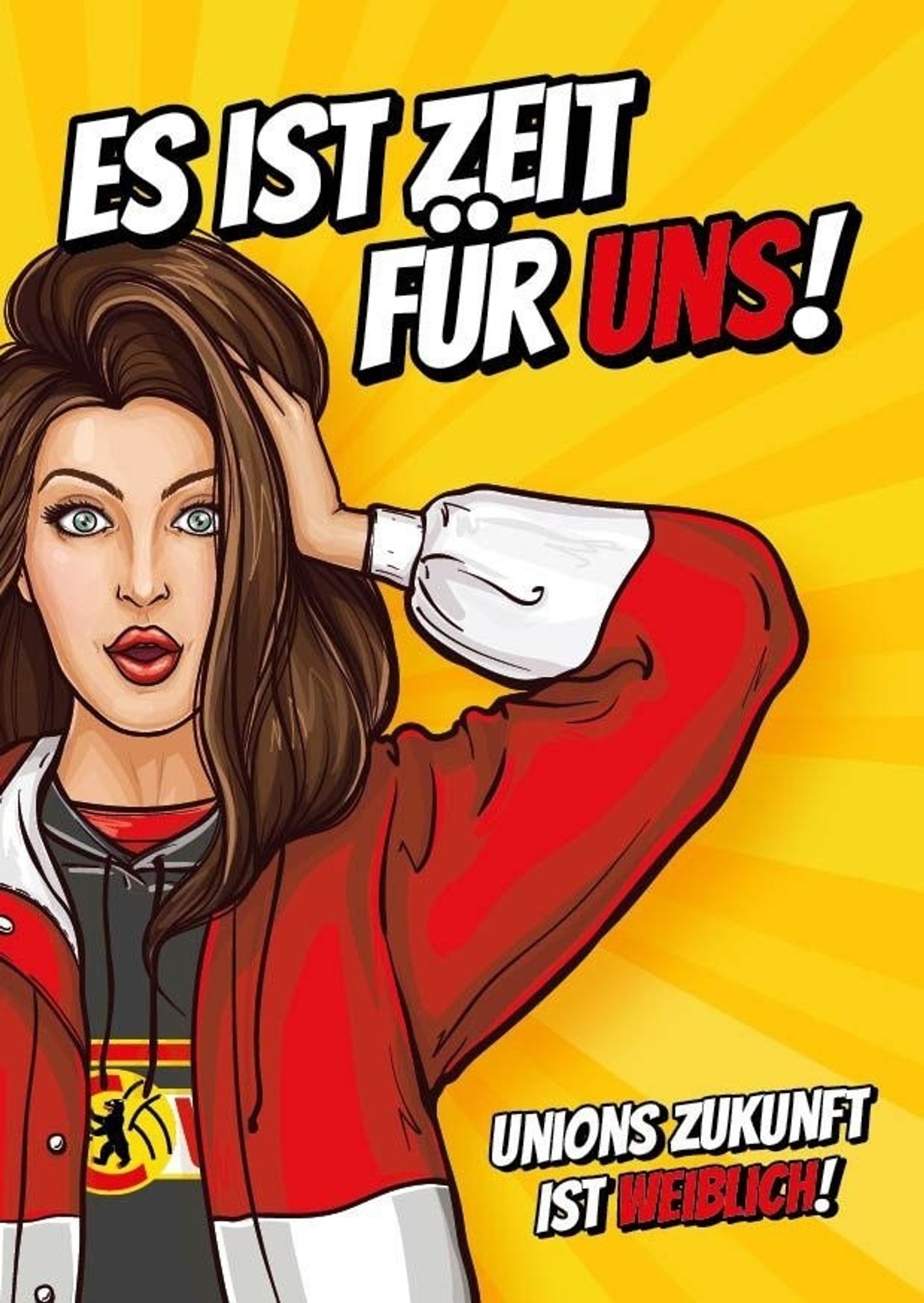 Flyer in gelb mit einer Frau in rot-weißer Jacke mit Unionpulli. Überschrift: Es ist Zeit für uns! Unions Zukunft ist weiblich!