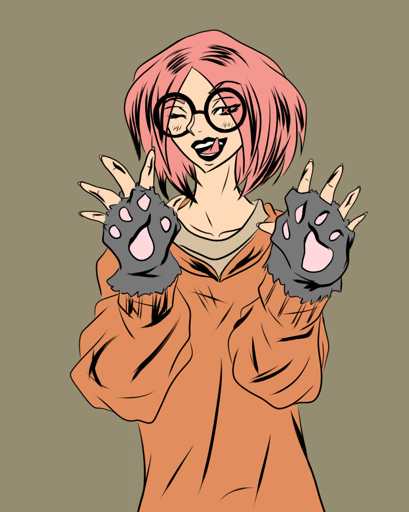 Manga style girl with fingerless, gray cat paw gloves. She has a light red hair color, black glasses, and an orange hoodie.