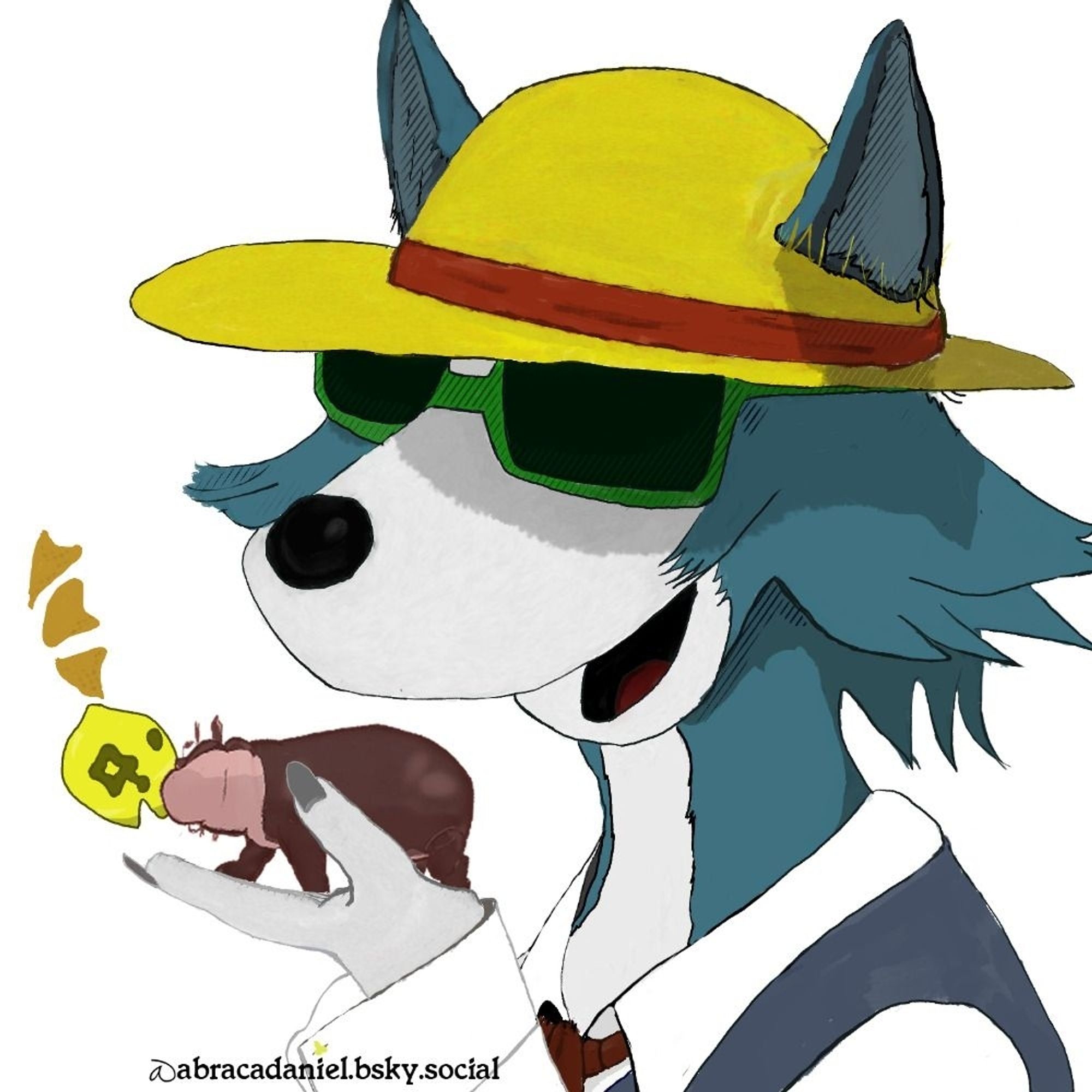 Legoshi, a gray wolf man from Beastars, is holding a small hippo that is biting a floating yellow character named Tri. Tri has floating triangles over its head and I drew them as corn chips cuz why not. Legoshi is wearing a straw hat and green sunglasses