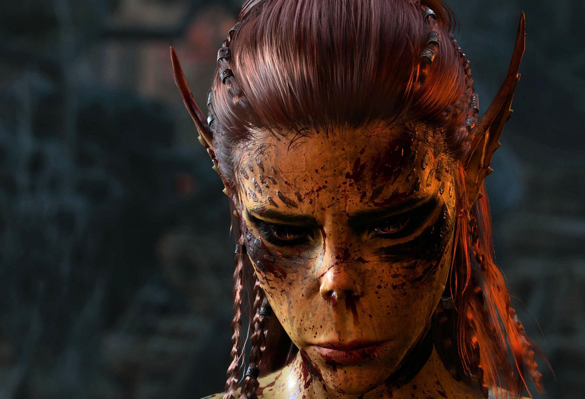 A virtual photo of Lae'zel from Baldur's Gate 3 looking downcast and thoughtful. There are a few smears of blood from a recent skirmish on her skin and the sun is burning highlights into her hair on the right hand side of the shot.