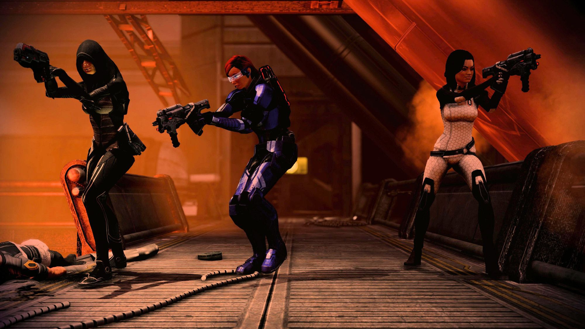 A virtual photo of Kasumi Goto, Commander Shepard, and Miranda Lawson all with weapons out and aimed. The trio are shown on a metallic platform that has taken some damage. A corpse lies next to Kasumi's feet, a victim of the Geth. In the background is a hazy red glare from the geothermal activity in this station.