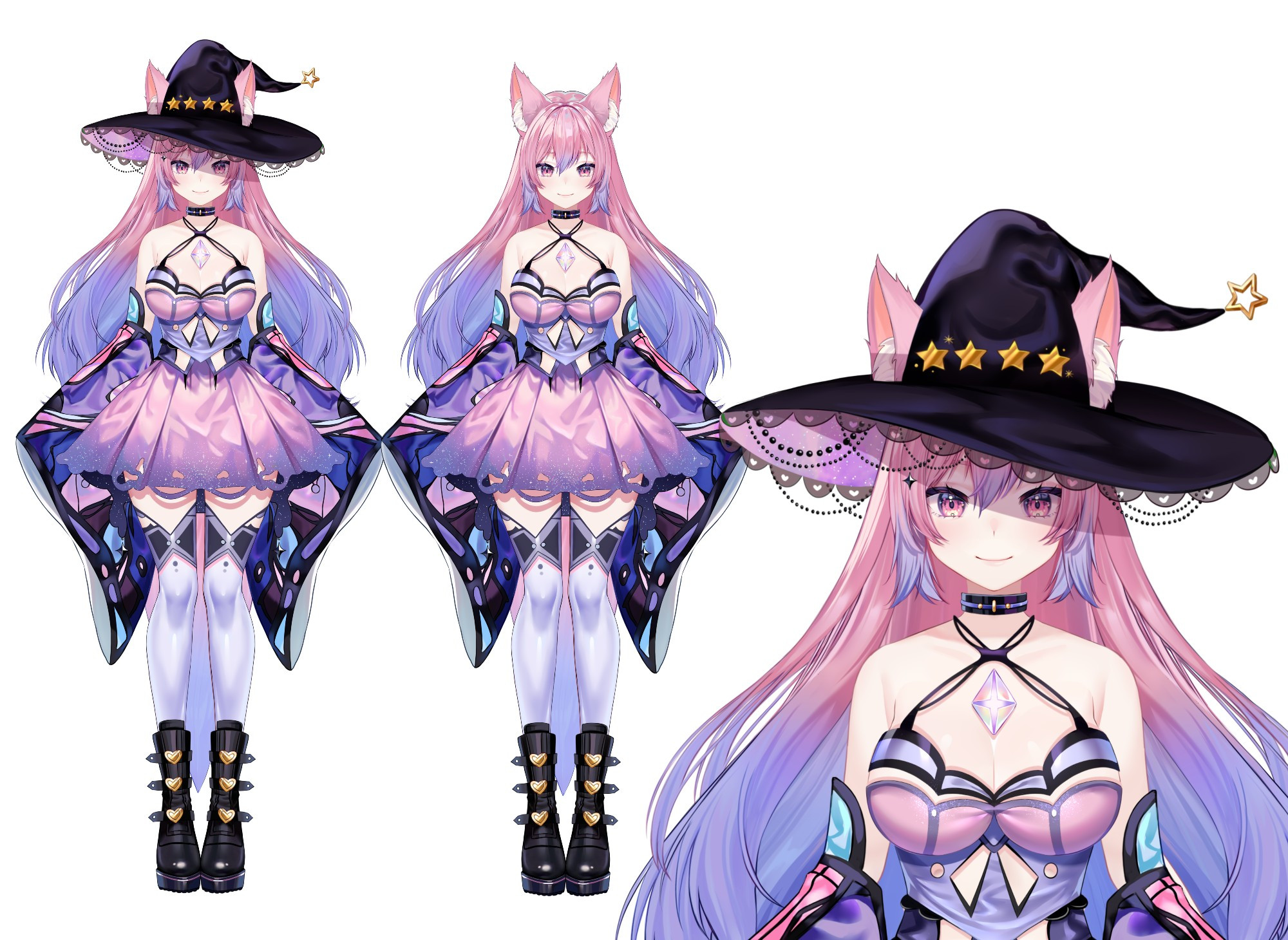 Character reference sheet of 'Creamy,' an anime-style character with tall ears, pink and blue hair, and a gradient fox tail. Creamy wears a detailed pastel dress, black boots, and a witch hat with stars. The main image shows a full front view of the character with a neutral expression and same full front view without the hat. A smaller image zooms into the character's face with the hat.