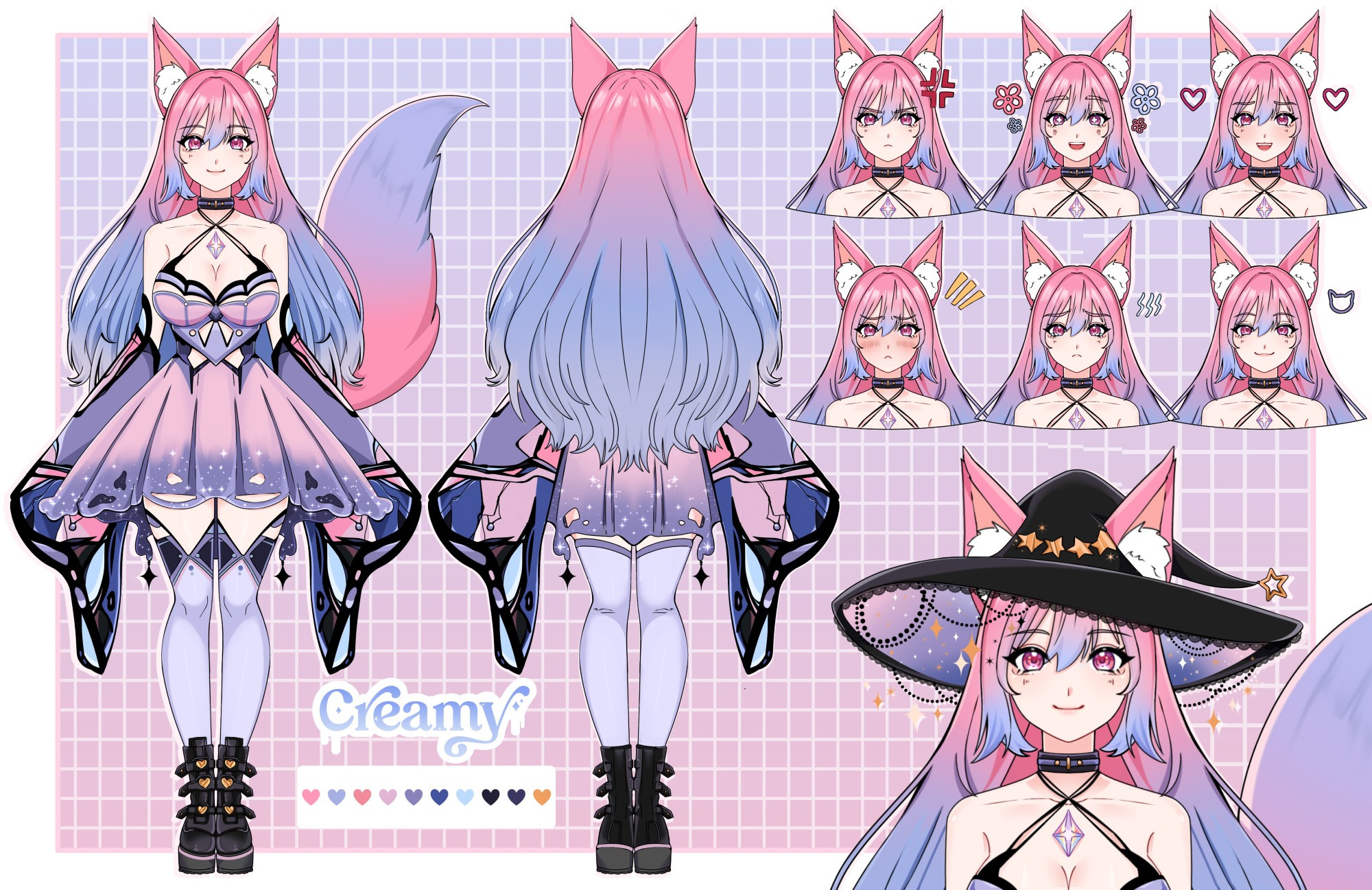 Character reference sheet of 'Creamy,' an anime-style character with tall animal ears, pink and blue gradient hair, and a gradient fluffy tail. Creamy wears a detailed pastel dress, black boots, and a witch hat with stars. The main image shows a full front and back view of the character with a neutral expression. Six smaller headshots display different expressions: angry, sparkling eyes (kirakira), suspicious (sussy), shy, sad, and a mischievous cat-like smile.