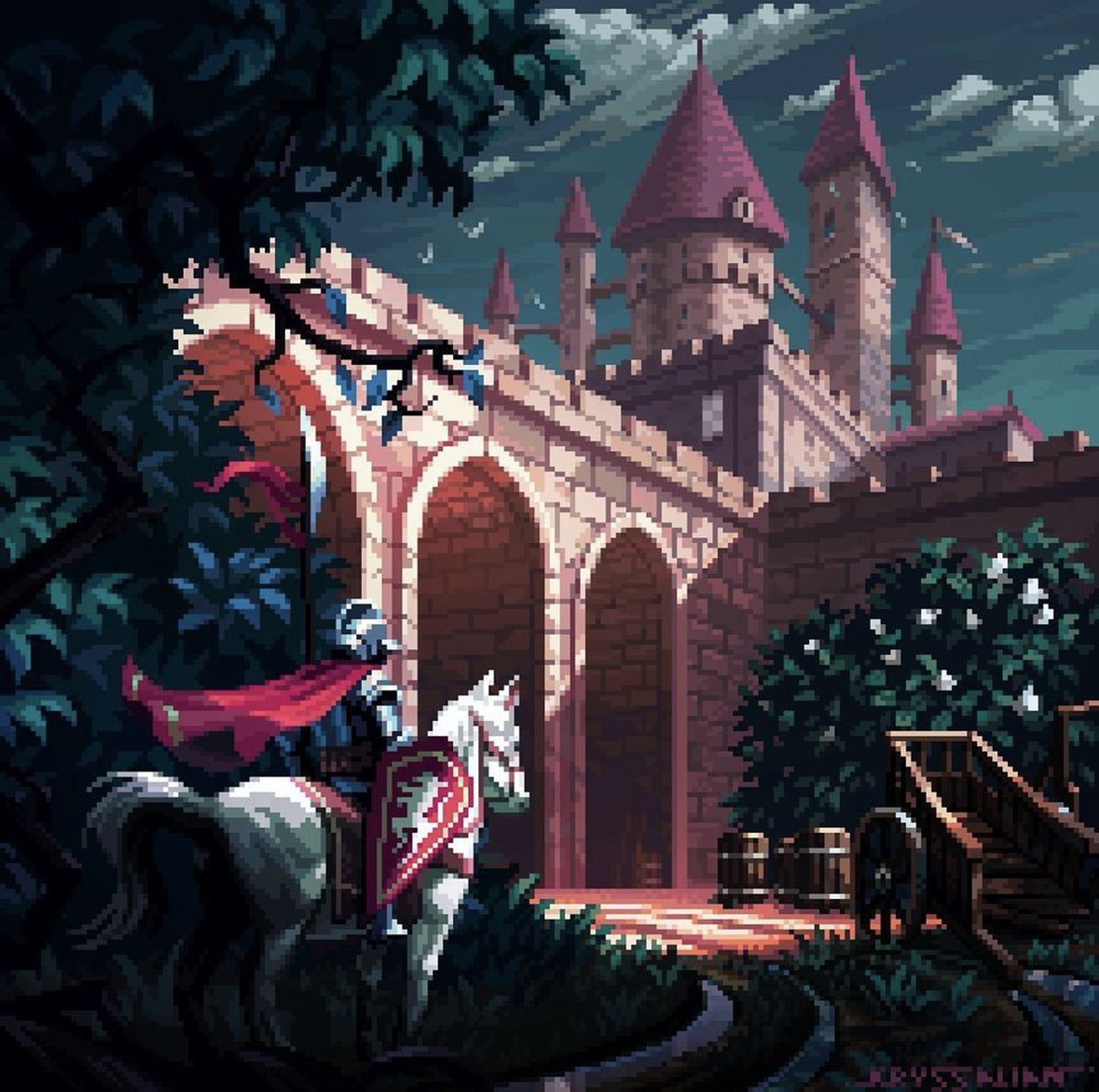 A pixel knight in a red cape holding a red shield with a dragon on it is riding a white horse out of a forest up to a pink pixel castle. 