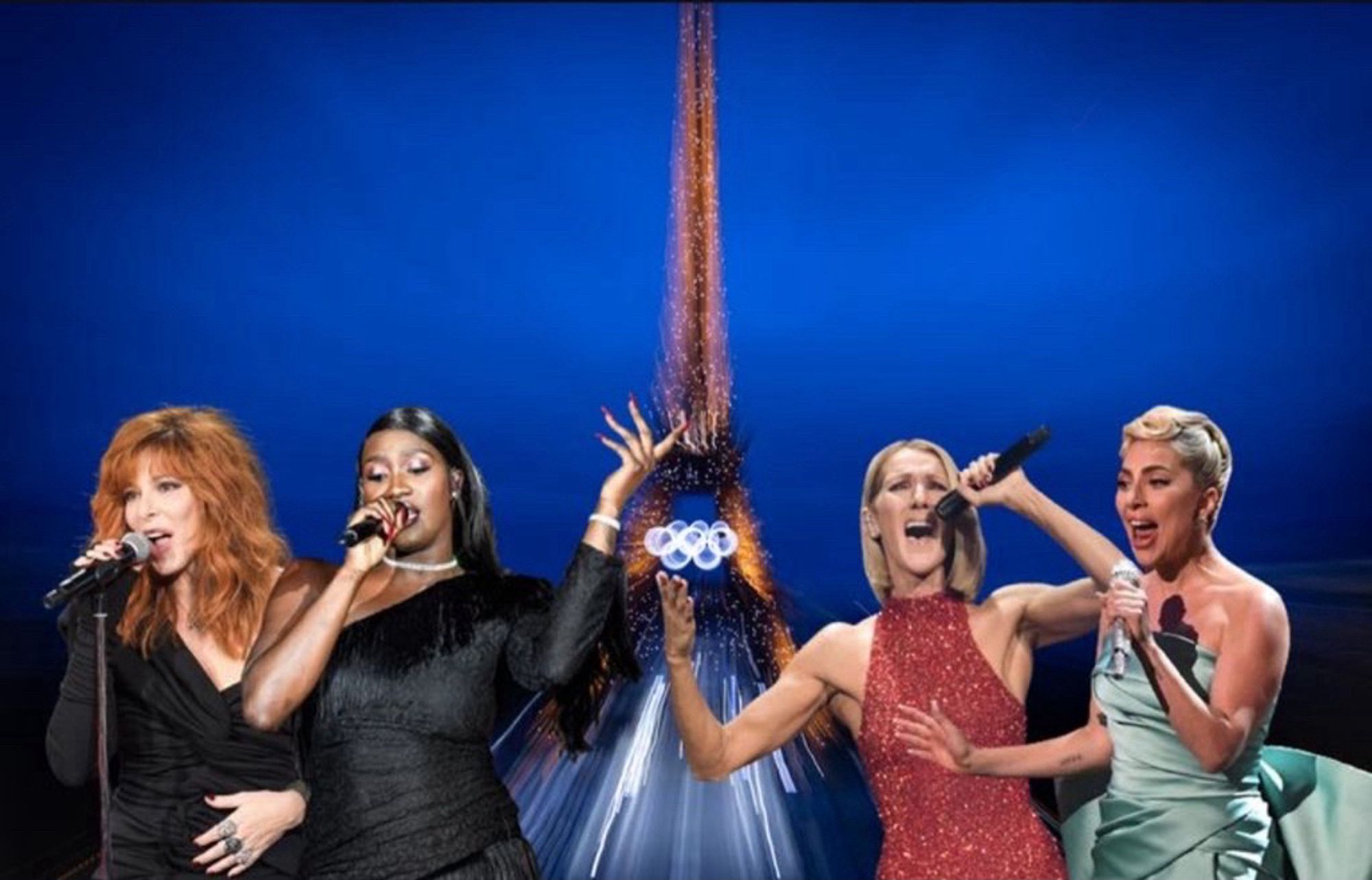 Montage photo avec Mylène Farmer, Aya Nakamura, Céline Dion et Lady Gaga chantant devant une Tour Eiffel illuminée et siglée des anneaux olympiques lumineux