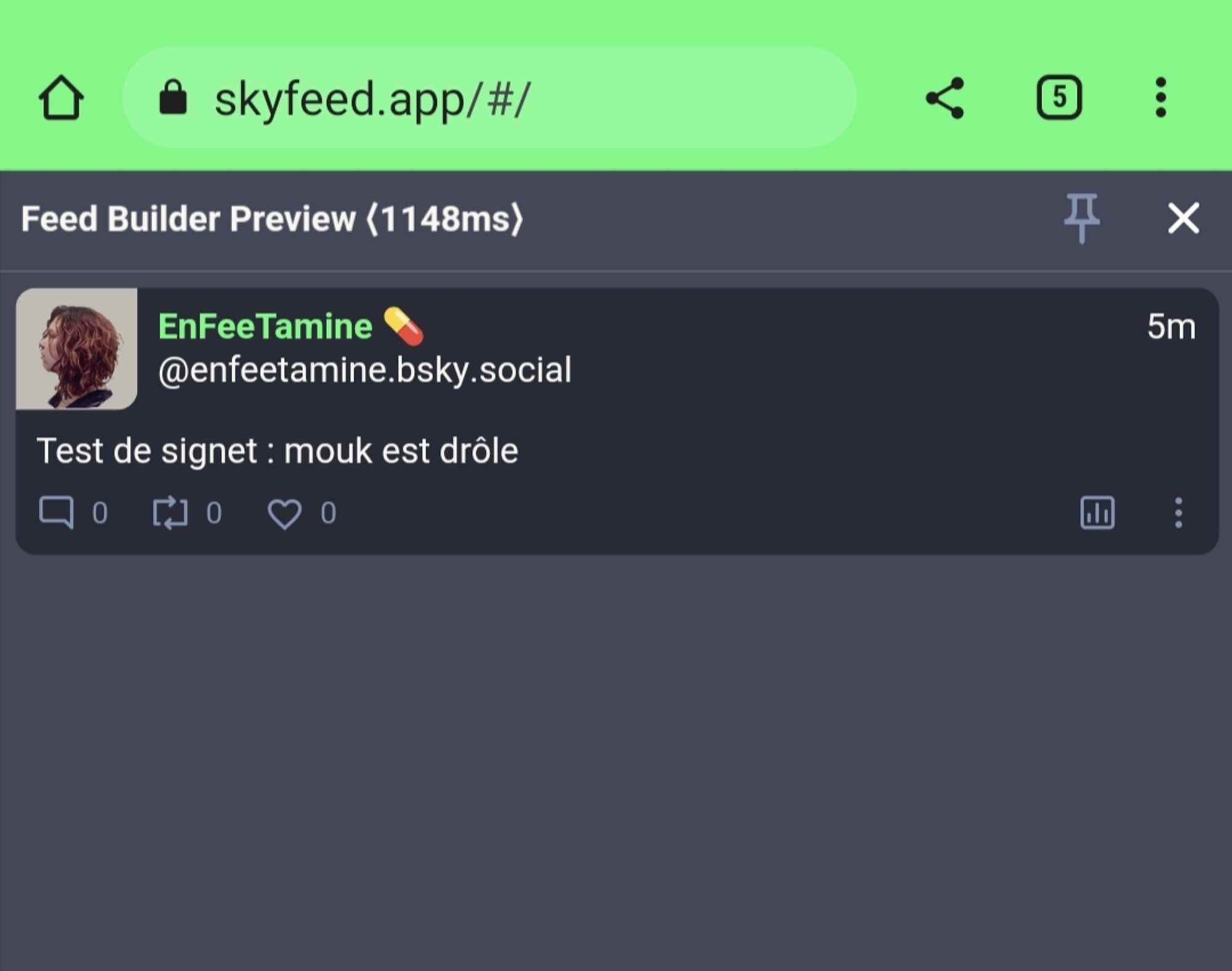 Capture d'un exemple dans le feed "mes signets" où j'ai mis une réponse sous un skeet que j'aime bien avec un peu de contexte pour le futur
"Test de signet : Mouk est drôle"
J'aurais pu citer le skeet au lieu de répondre ça marche aussi le tout c'est d'utiliser le même mot que dans le regex