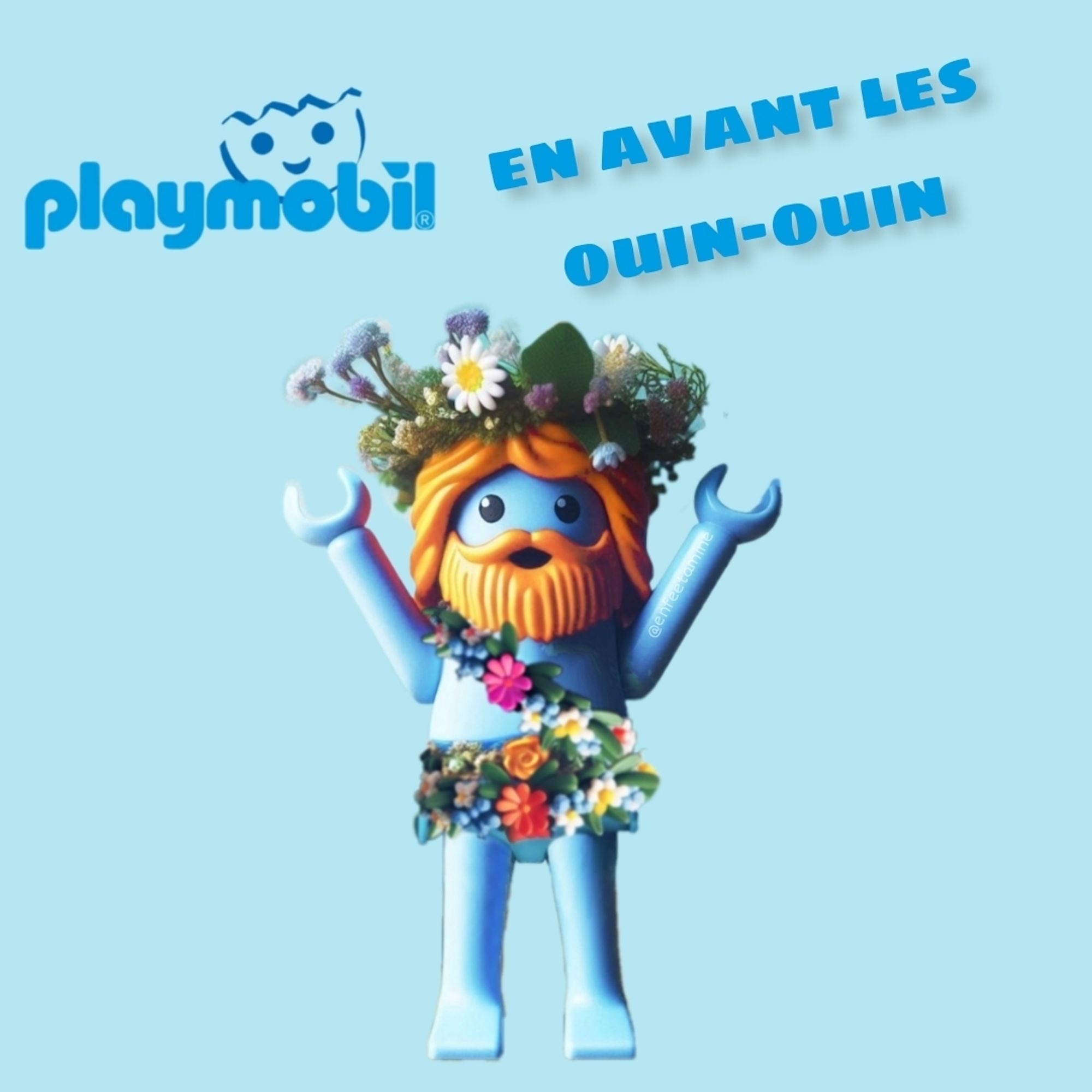 Playmobil bleu à barbe rousse, vêtu d'une guirlande de fleurs. Playmobil, en avant les ouin-ouin