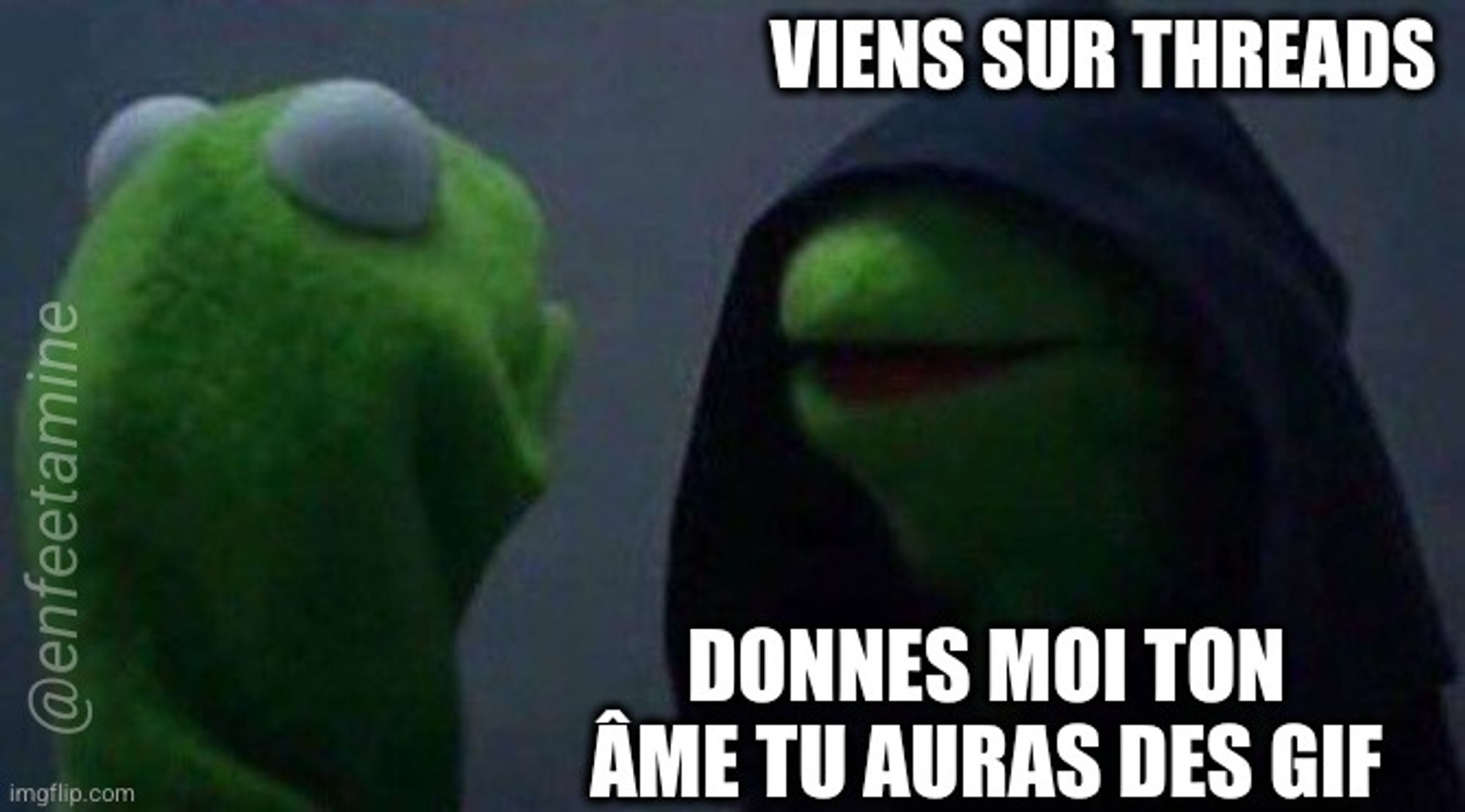 Evil Kermit parle à Kermit v Viens sur Threads, donnes moi ton âme tu auras des gif"