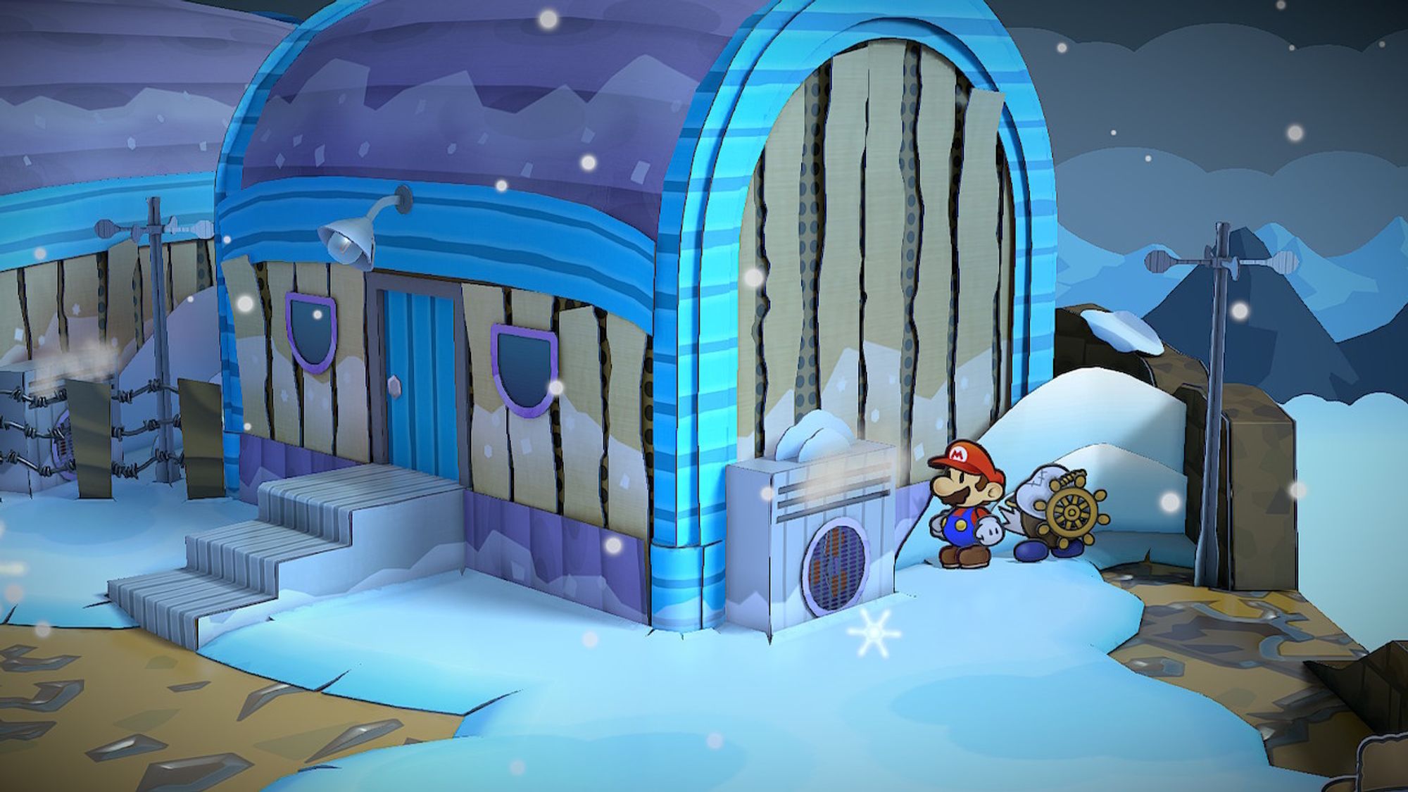 A screenshot of Paper Mario the Thousand Year Door on Nintendo Switch. Mario and his partner, Admiral Bombery, are in the Fahr Outpost. There is snow on the ground and a home is connected to a minisplit heat pump. 