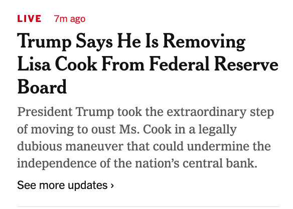Trump Says He Is Removing Lisa Cook From Federal Reserve Board

President Trump took the extraordinary step of moving to oust Ms. Cook in a legally dubious maneuver that could undermine the independence of the nation’s central bank.

