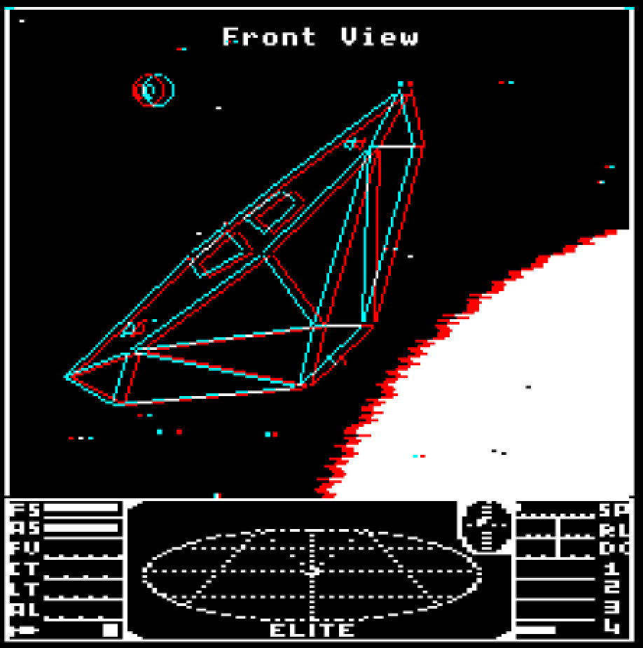 The first screenshot from the Acornsoft Elite manual, in anaglyph 3D