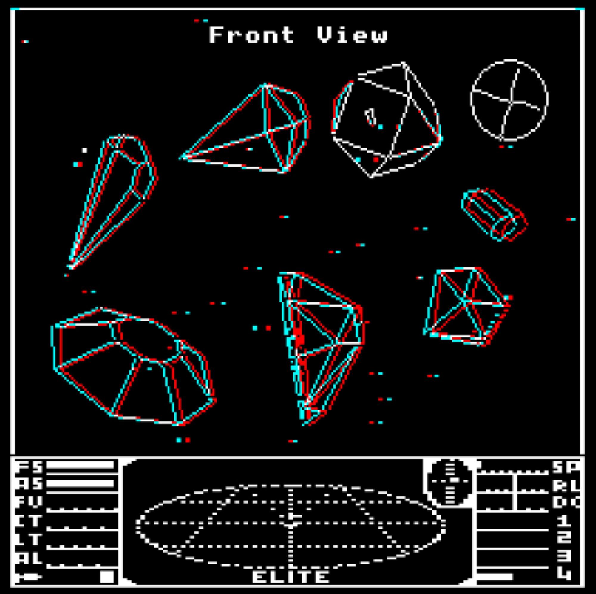 A spiral of ships in Elite in anaglyph 3D