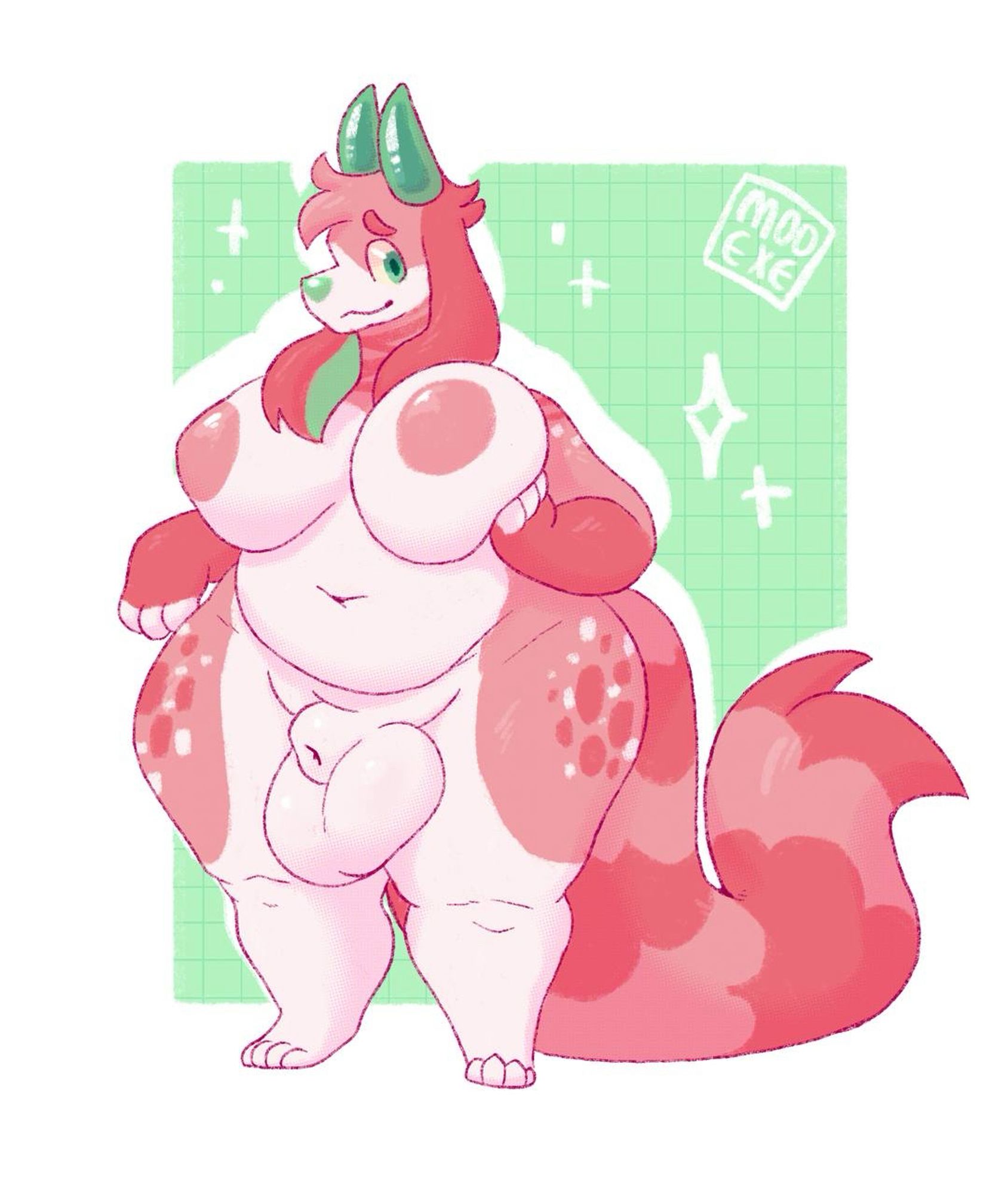 pink fat dragon with huge ball and a sheat, plays with their moobs