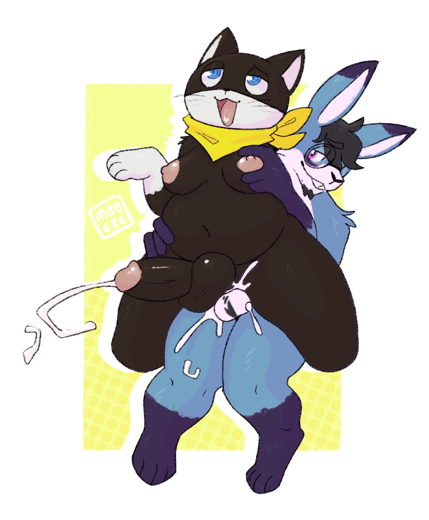 p5 morgana rides a blue bunny boy, as morgana’s tit is squished by the rabbit. Their hard cock flopping on about as they cum due to their prostate being smashed by the bunny