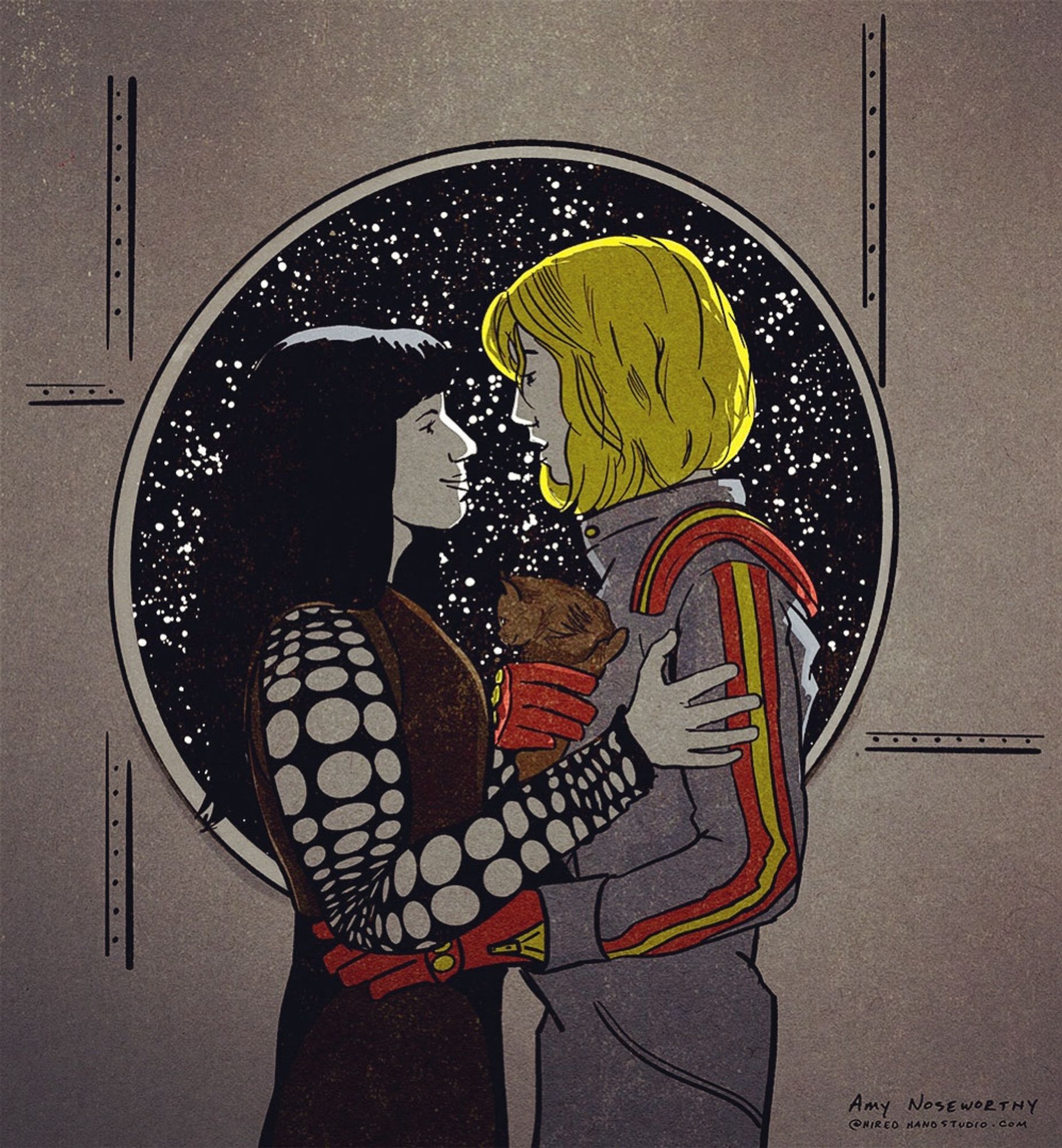 Two women, characters from the show Doom Patrol, stand face to face in front of a round porthole showing then stars, cuddling a kitten between them. 