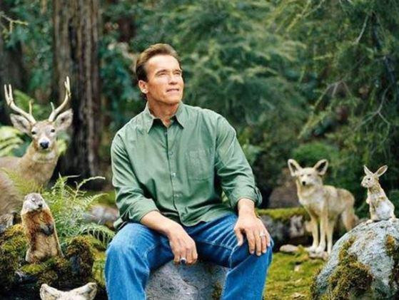 Photo d'Arnold Schwarzenegger dans la forêt entouré d'animaux sauvages 