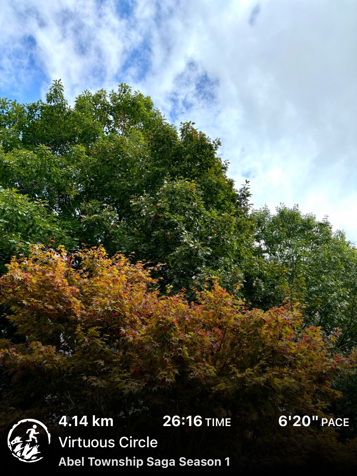 Fall trees and white clouds in blue sky
Able Township Saga Season 1
Virtuous Circle
4.14 km, 26:16 time, 6’20” pace