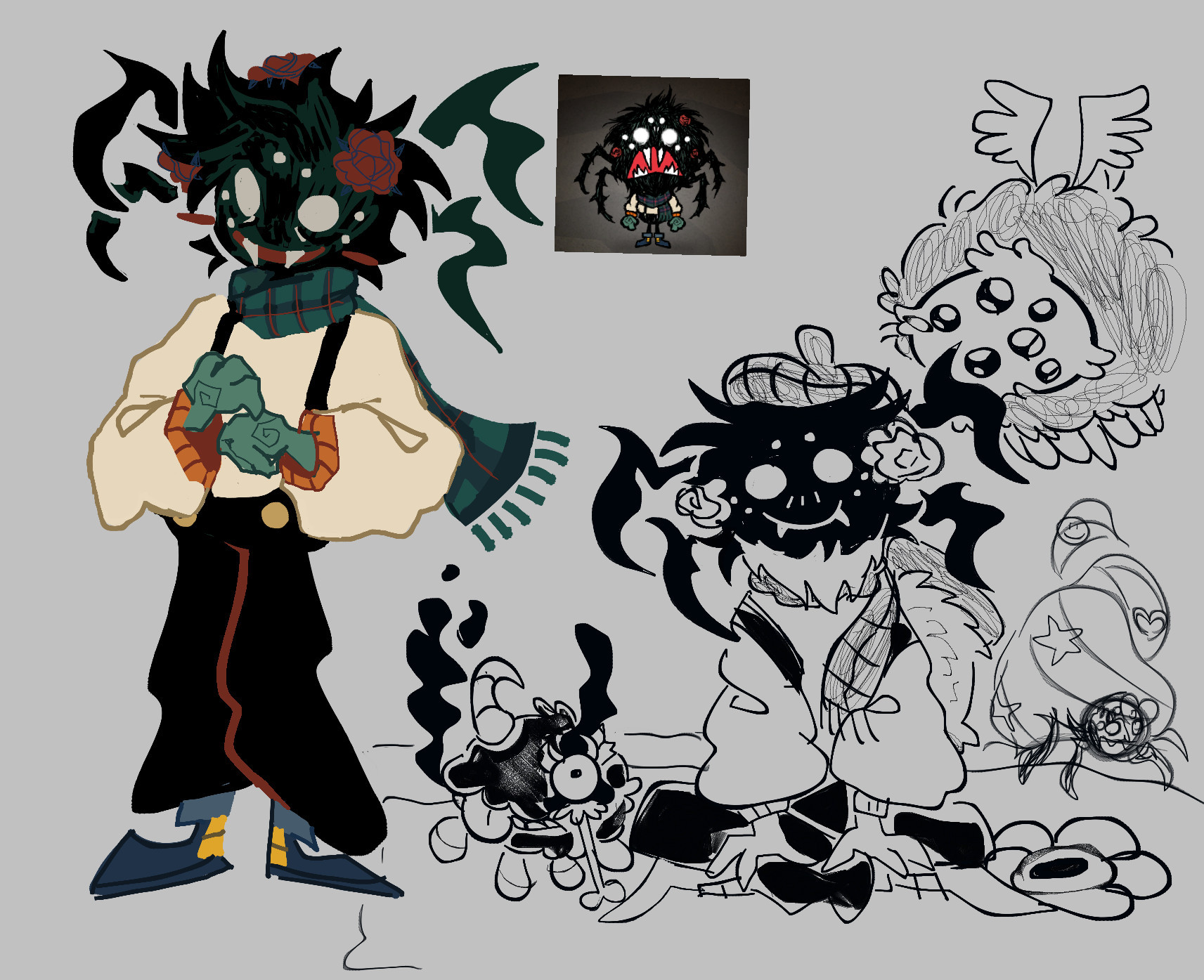 a custom skin for Webber, a character from dont starve together. he can be seen sitting on the floor while accompained by shadow chester and glommer (which are also characters from DST), and a decorated spider nest can be seen on the background