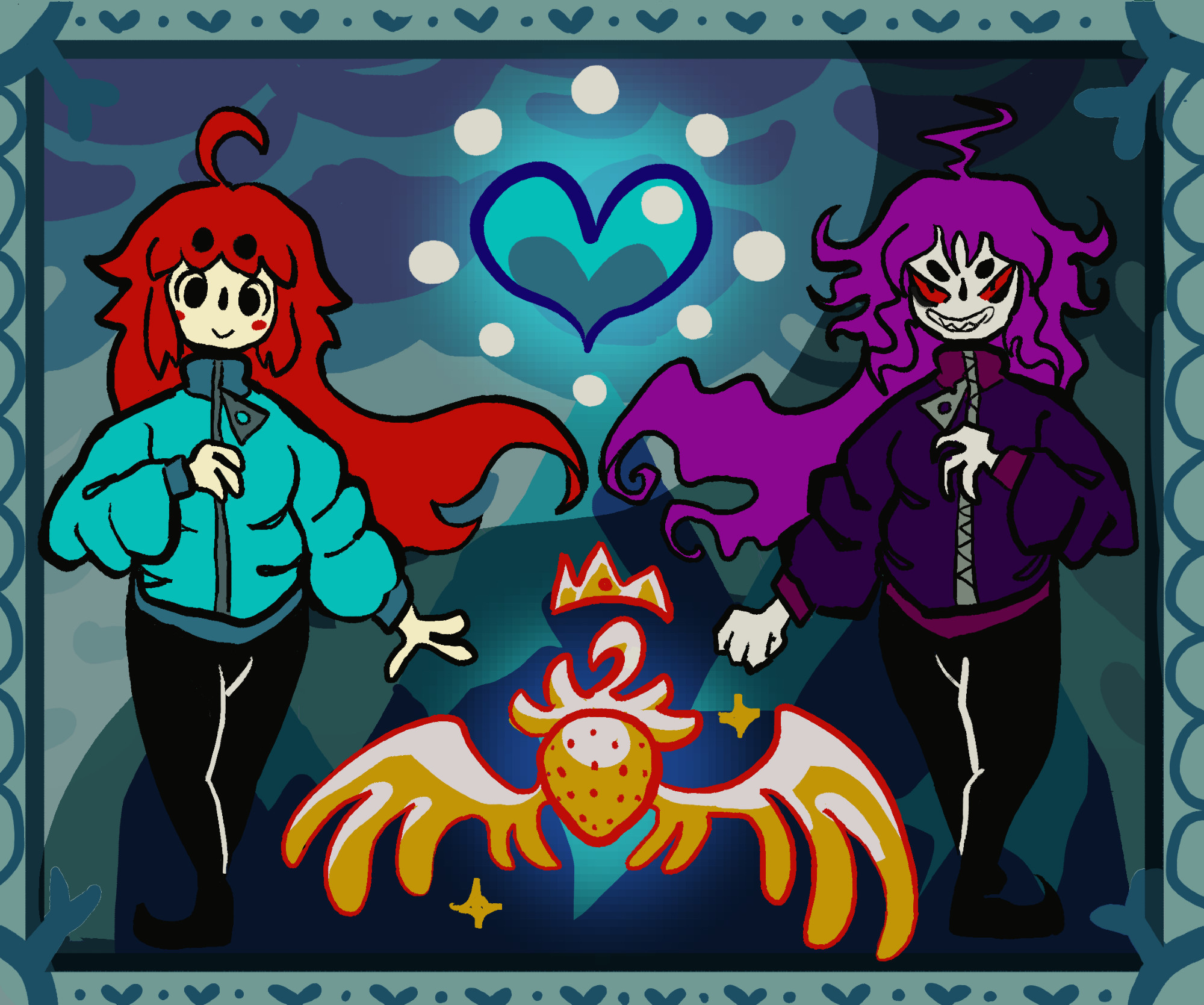 a simple illustration of Madeline and Badeline from Celeste , along with a crystal heart above and a flying golden strawberry below , featuring the celeste mountain of the background 
Madeline has a calm and happy expression on her face , while Badeline grins menancingly. Both have the same pose except that Madeline has her hand open while Badeline has her fist clenched