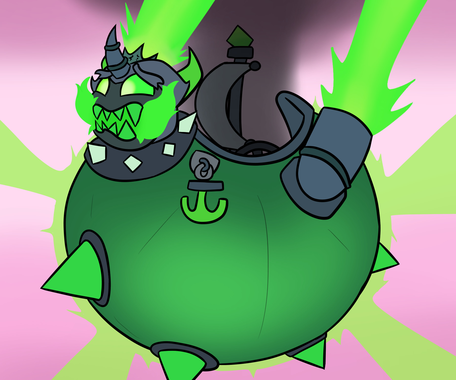 Bowser Airship with the Bowser face made to resemble Bowsette, the body of the airship is distended and bloated and looks ready to explode.