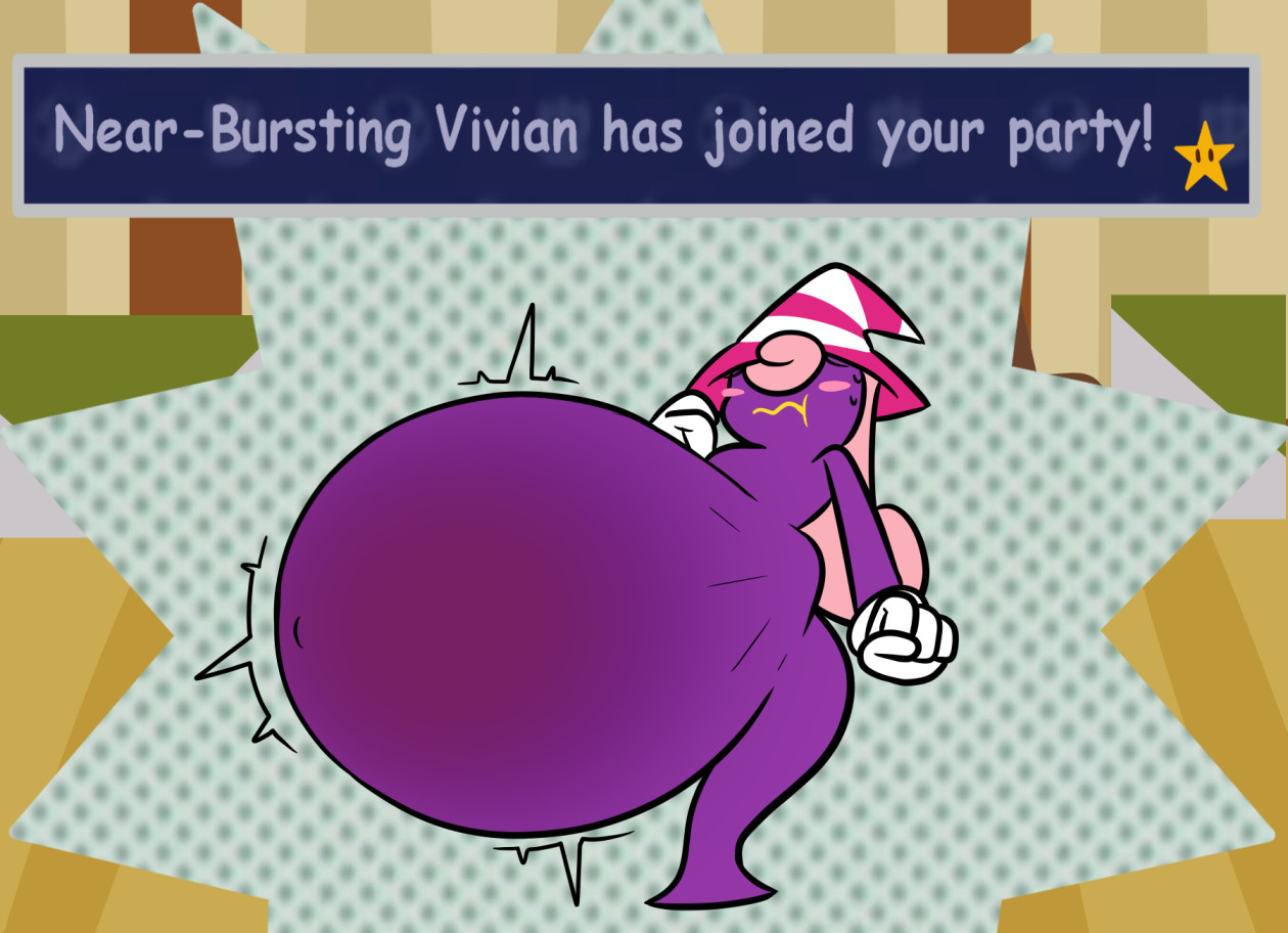 Vivian with a massive, near bursting belly, and a text box that says "Near Bursting Vivian has joined your party!"