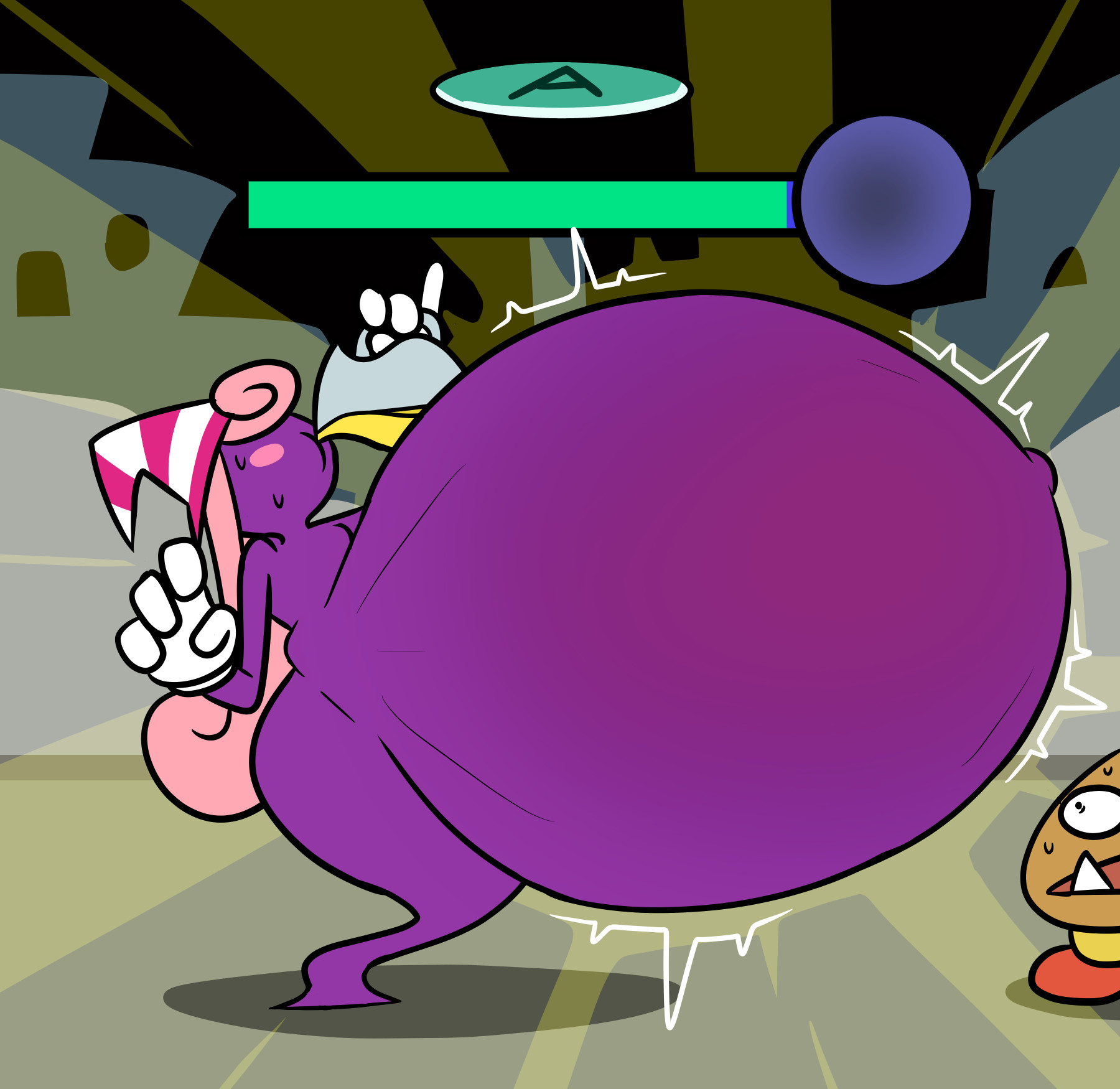 Vivian from Paper Mario chugging Jamming Jelly, her belly massive and distended, looking ready to explode, a goomba is looking in horror at his fate.