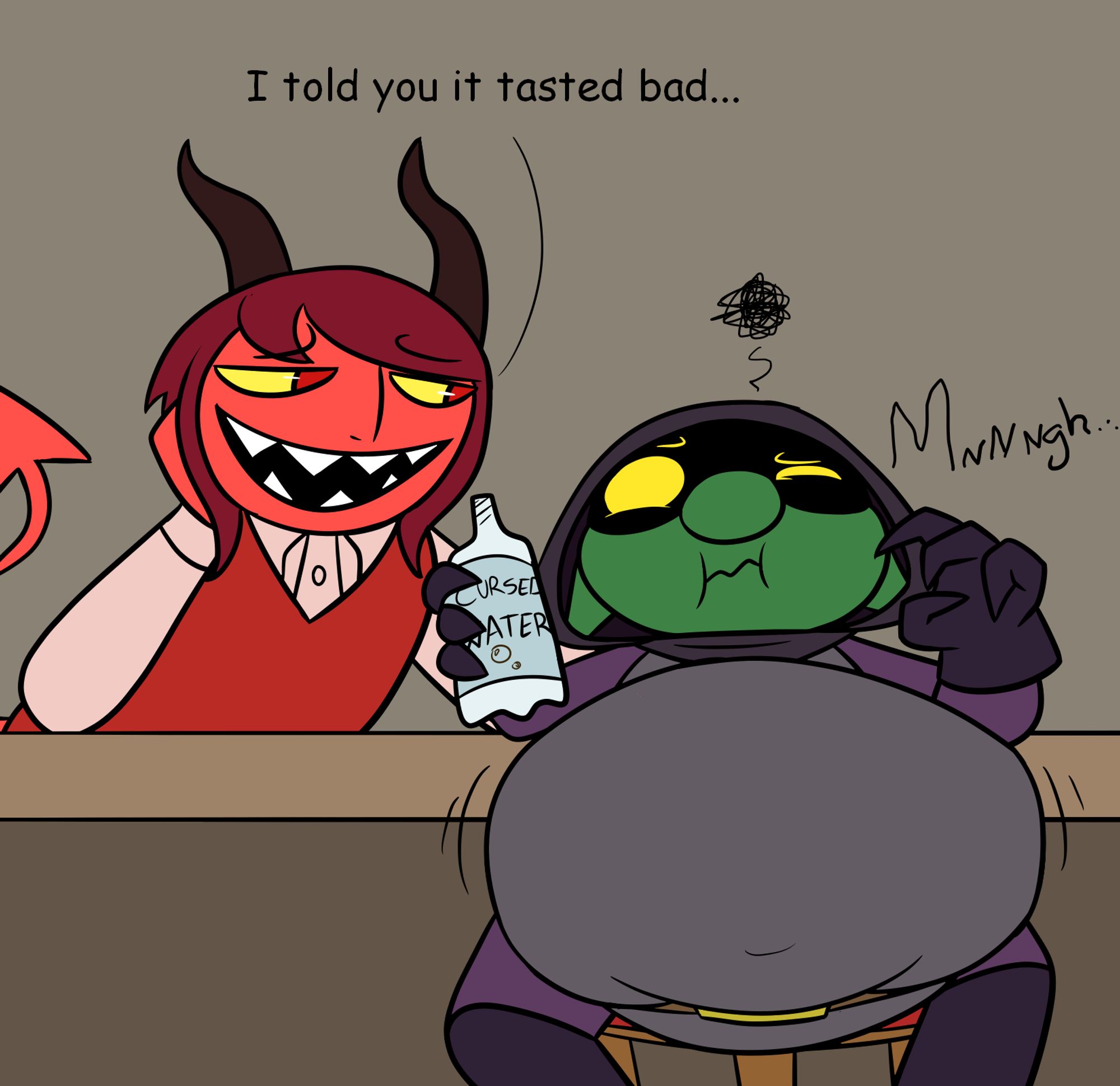 A green goblin in rogue attire, with a swollen gut and a bottle of water in her hand that says "Cursed Water". A red tiefling is standing behind a counter behind the goblin, resting her head on her hand, looking at the goblin saying, "I told you it tastes bad."