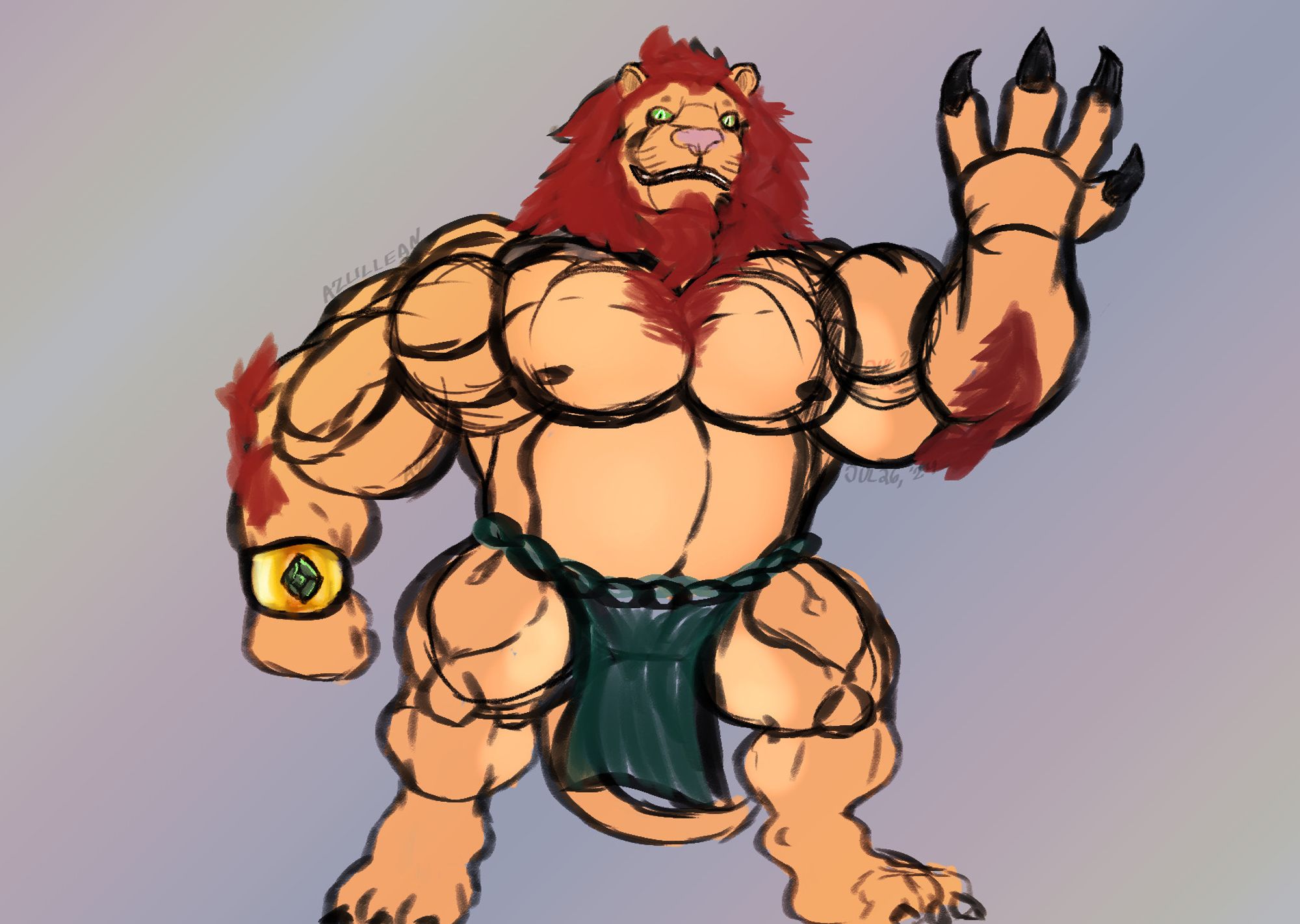 An hour speed sketching of an anthromorphic red-maned lion who is wearing a gold bracer and a green loincloth.