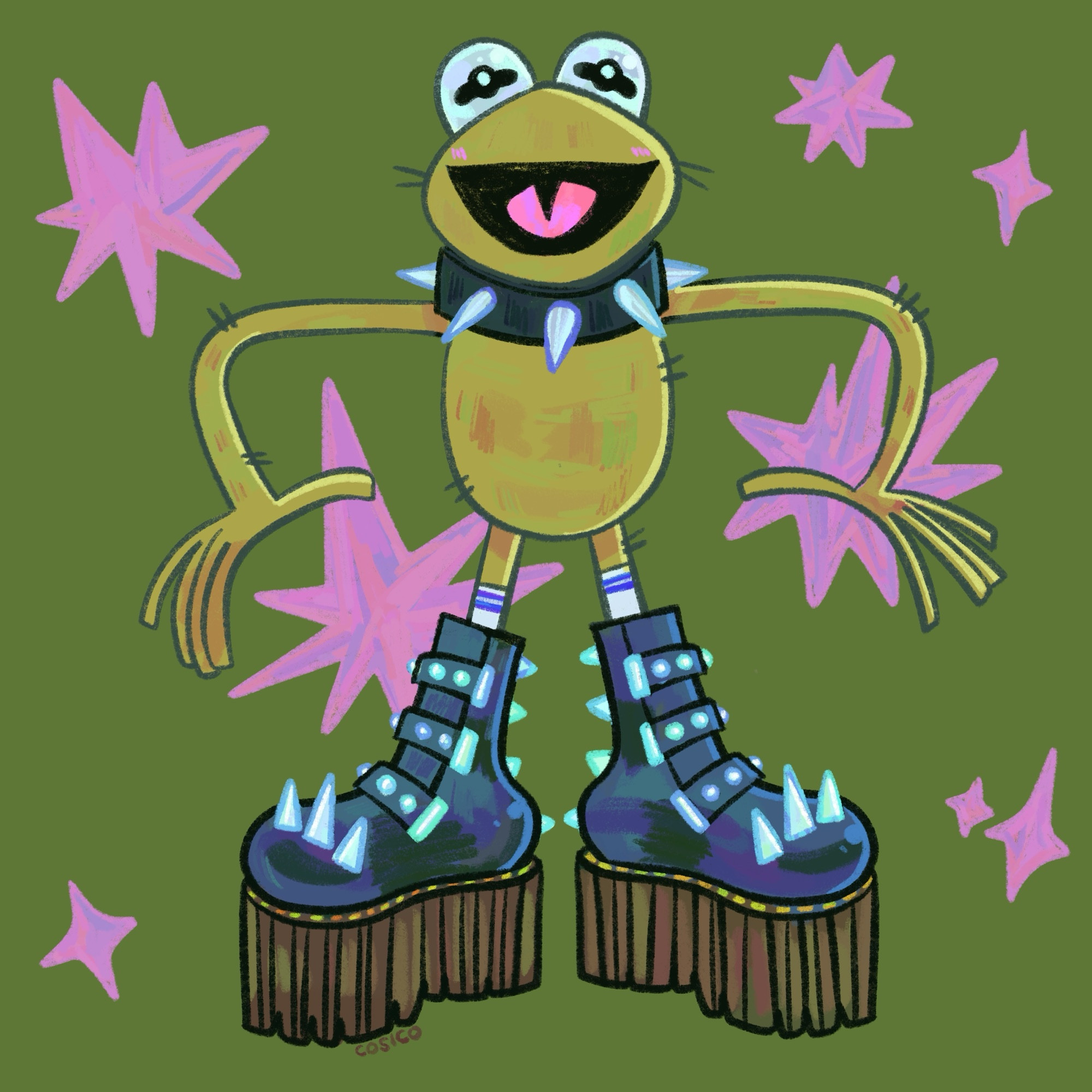 A colorful drawing of Kermit the Frog wearing a black spiky choker and giant black doc martens with spikes based on a drawing by Megan Rose Ruiz