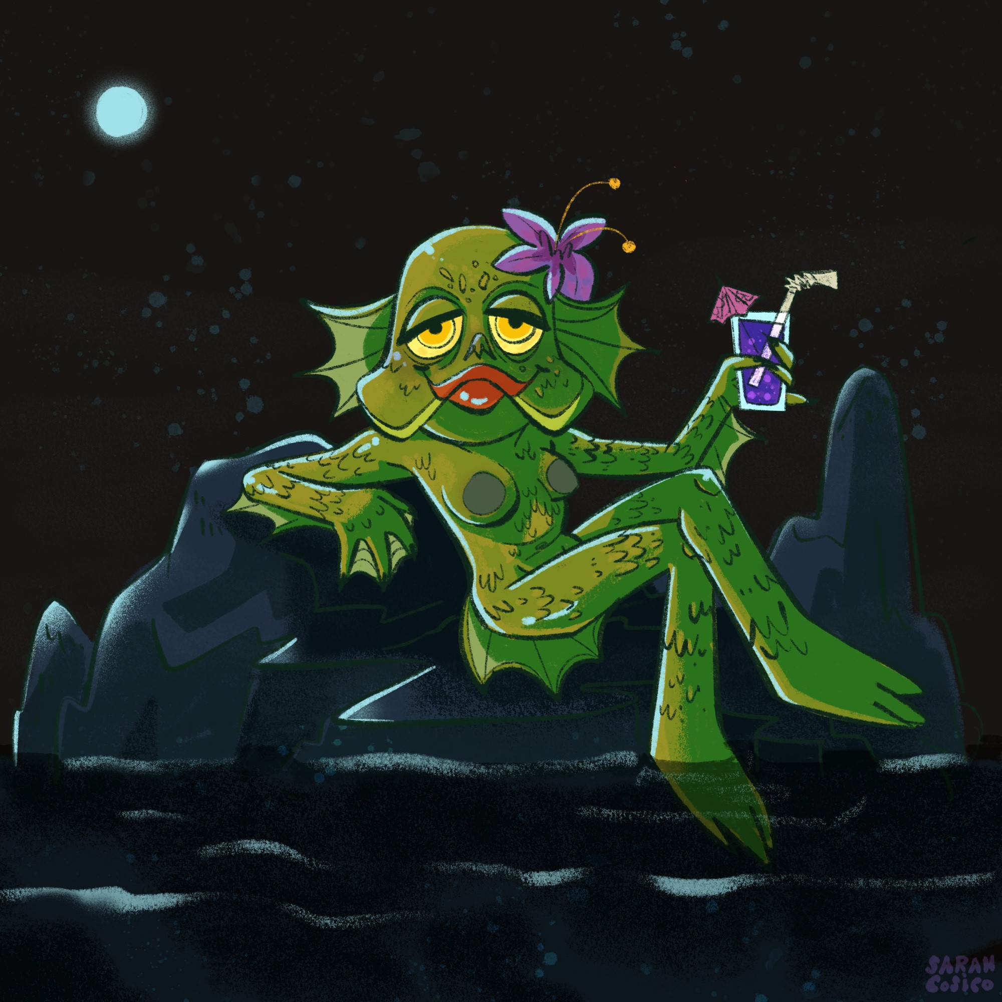 A female creature from the black lagoon with a cute purple flower on her head lounges atop a cluster of dark navy rocks at the center of the illustration. A blue moon, on a black sky in the background, shines down on her while she dips her webbed feet into the black water. In her hand she’s holding a festive purple drink with an umbrella in it.