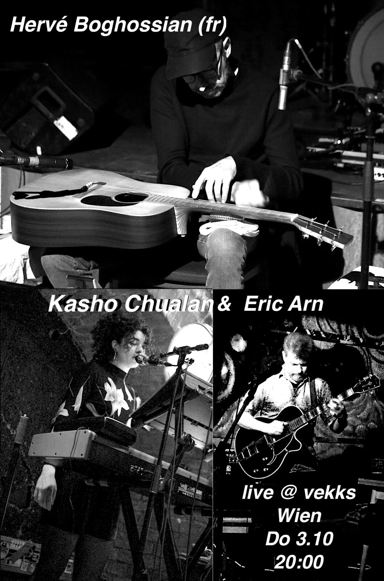 flyer for show by Herve Boghossian, Kasho Chualan, and Eric Arn at vekks, vienna on 3rd october