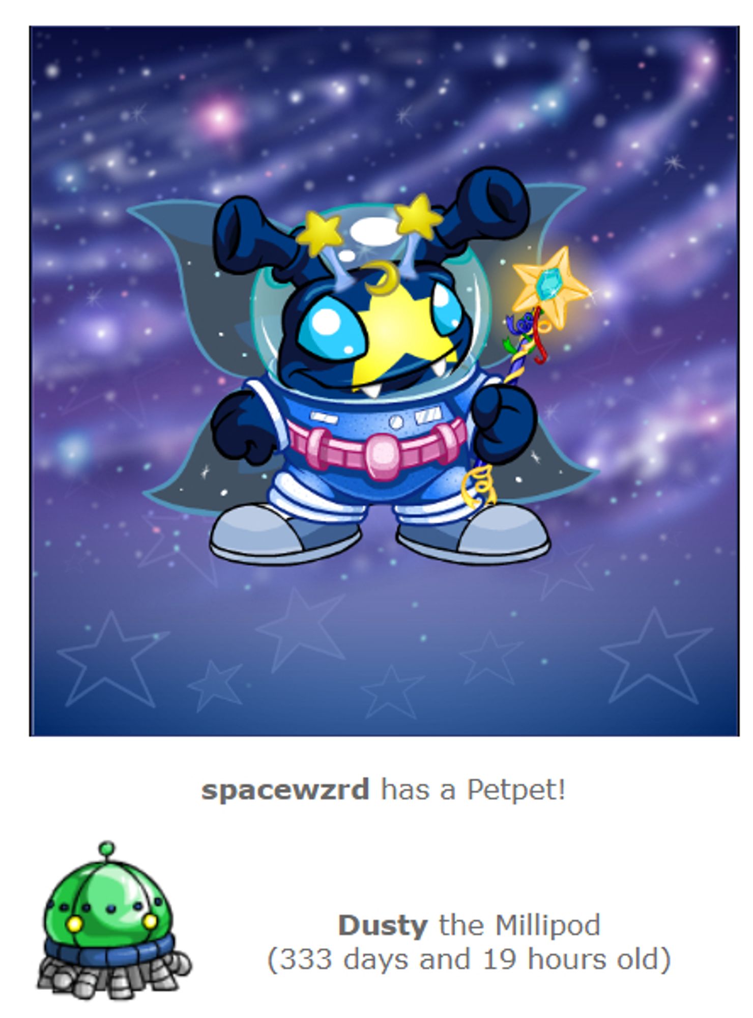 Image of a faerie grundo Neopet named spacewzrd. He's cross-painted with toy for his spacesuit, and has a yellow star on his face. He also has a crescent moon and two star antenna on his forehead. He has a very cute smile with teeth poking out and I love him!

He has a petpet Millipod named Dusty.