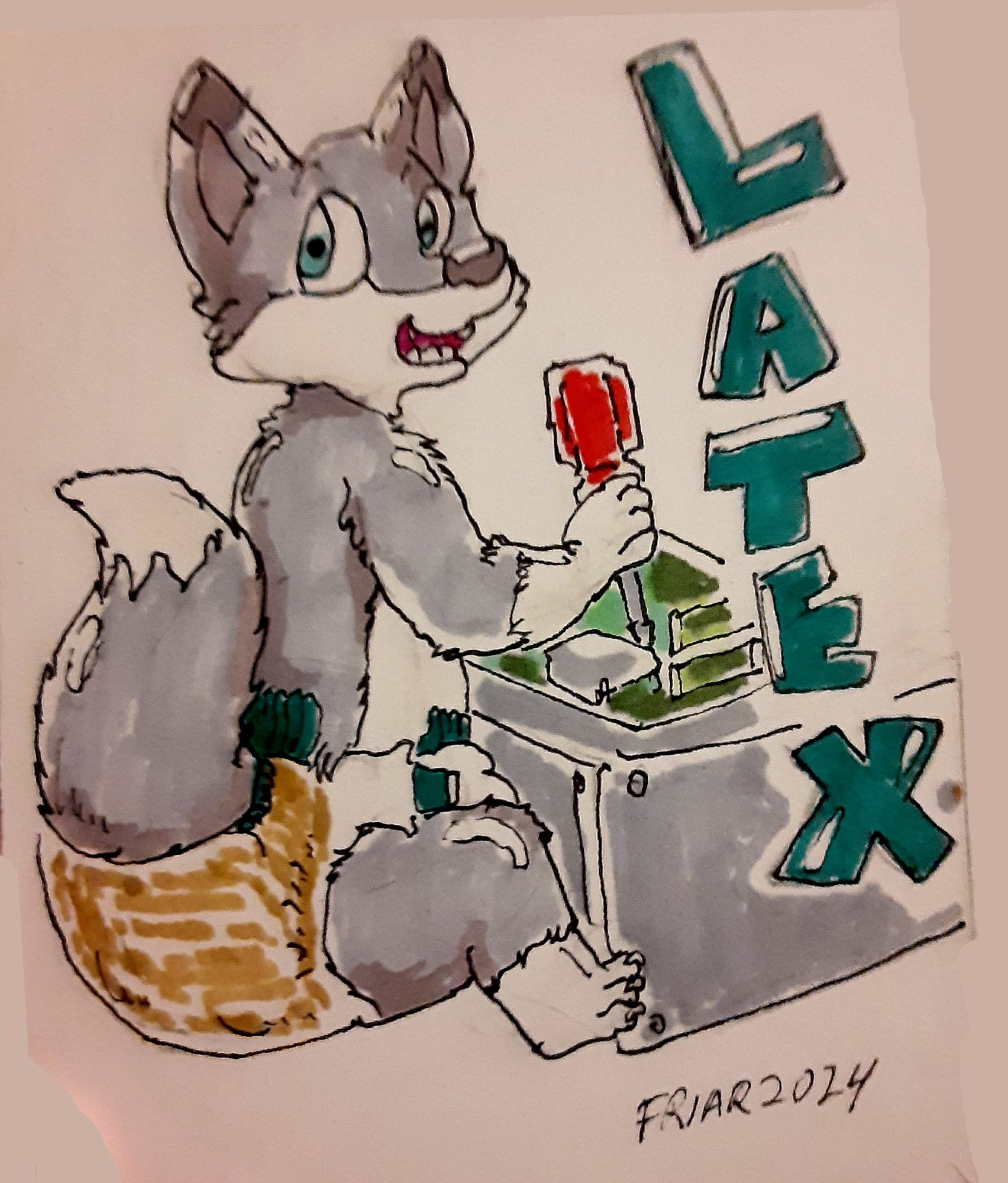 Traditional ink and marker drawing of a fox cub in a messy diaper tinkering with a computer