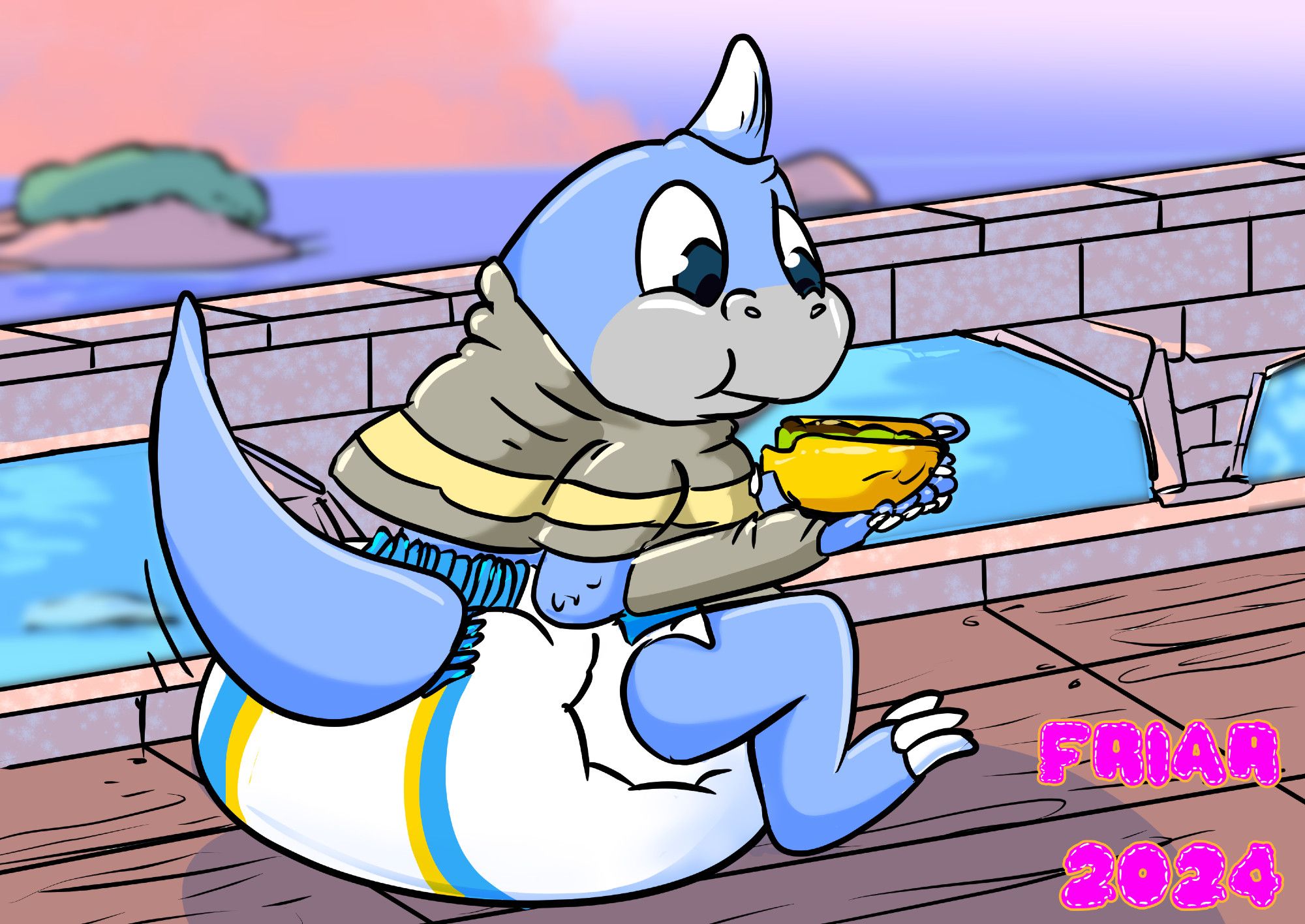 Illustration of Gulool Ja the diapered mamool ja seated and eating a taco while in front of the Tuliyollal coast.